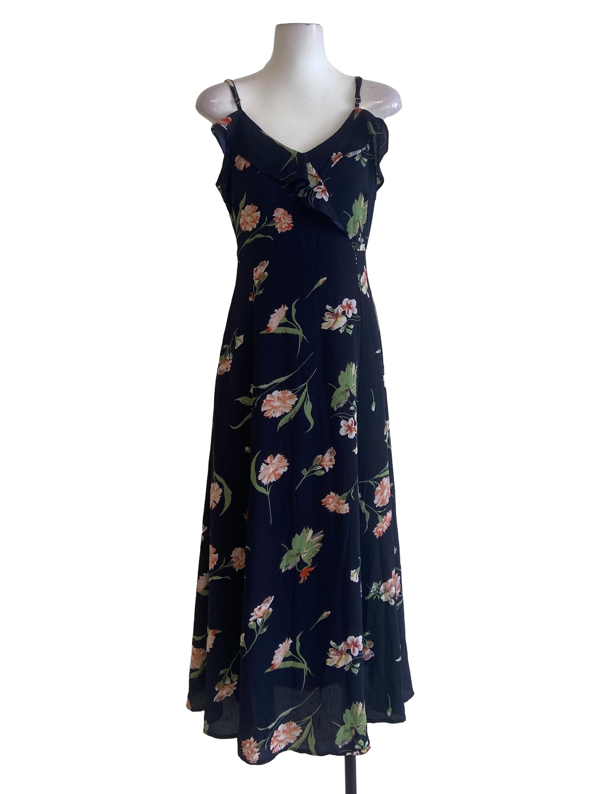 Navy Blue Floral Sleeveless Empire Dress