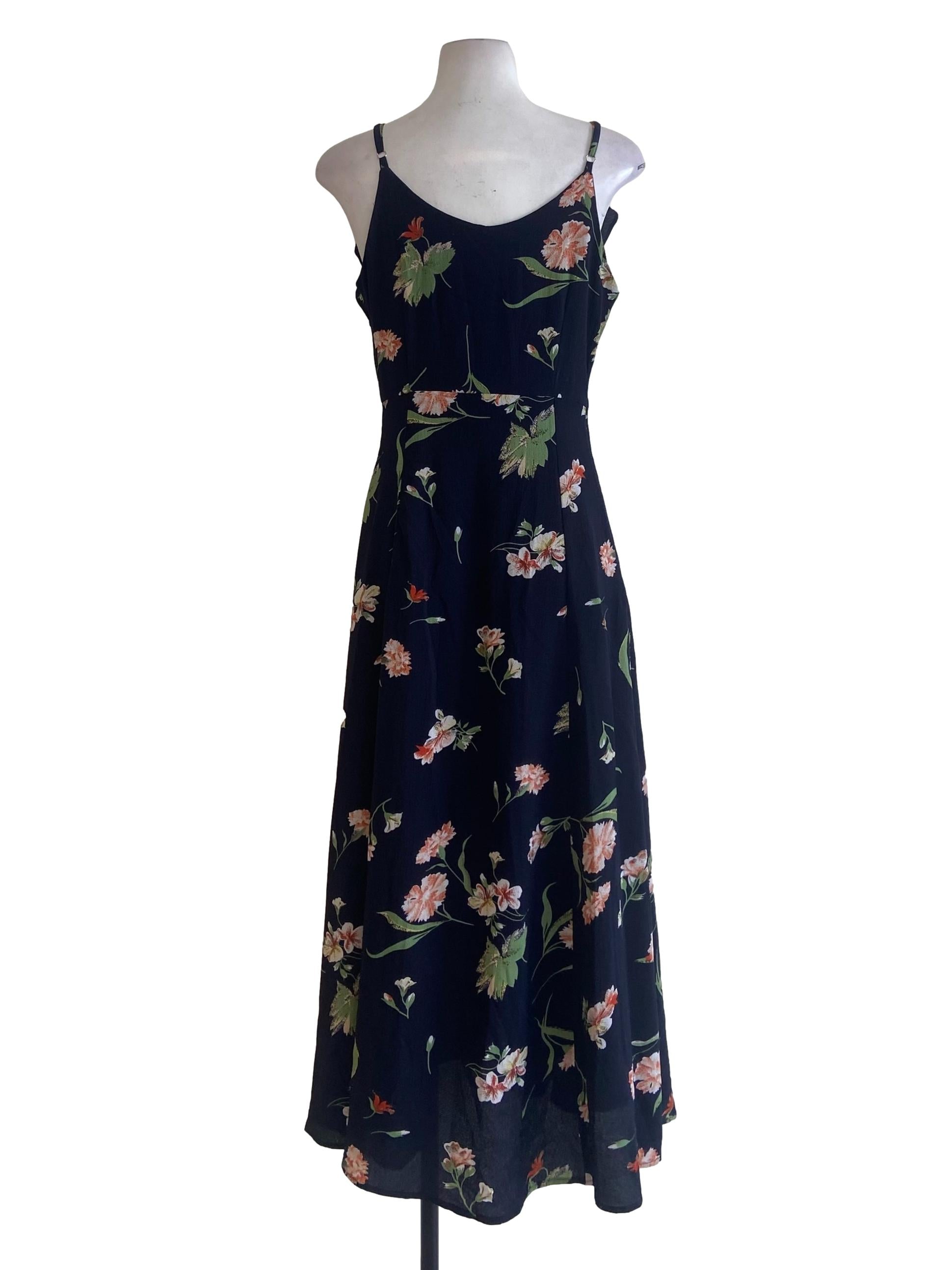 Navy Blue Floral Sleeveless Empire Dress