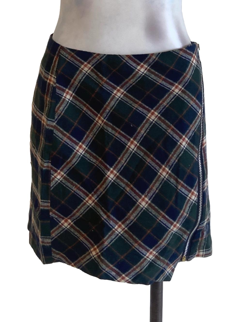 Blue & Green Tartan Front Zip Mini Skirt