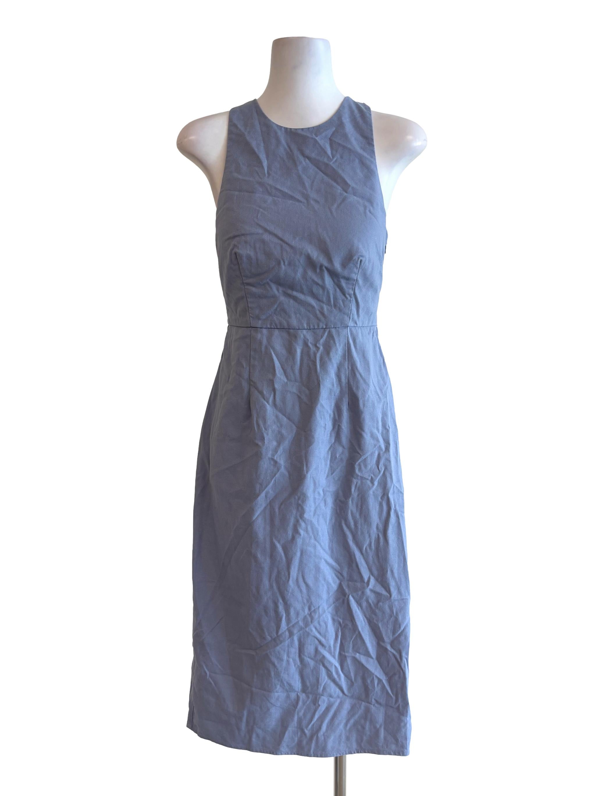 Pigeon Blue Sleeveless Linen Backless Dress LB