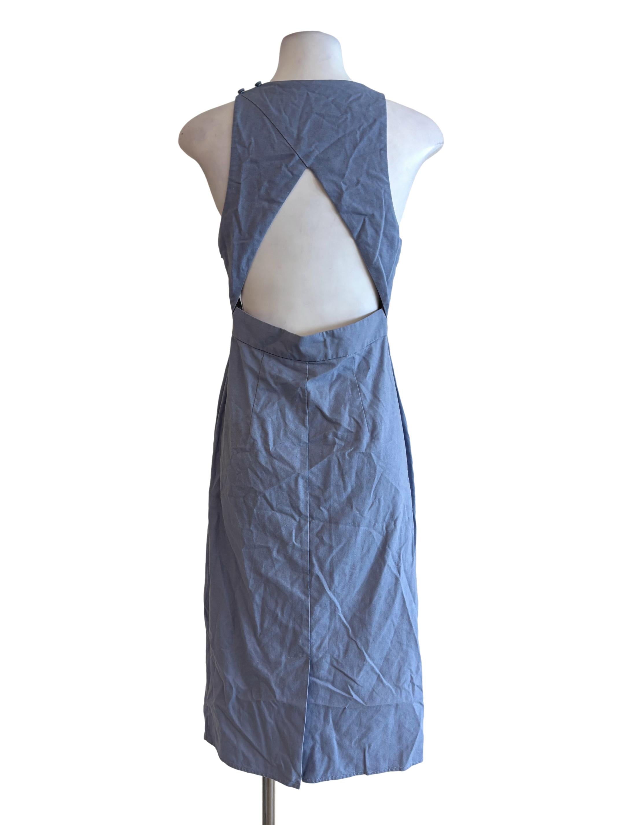 Pigeon Blue Sleeveless Linen Backless Dress LB