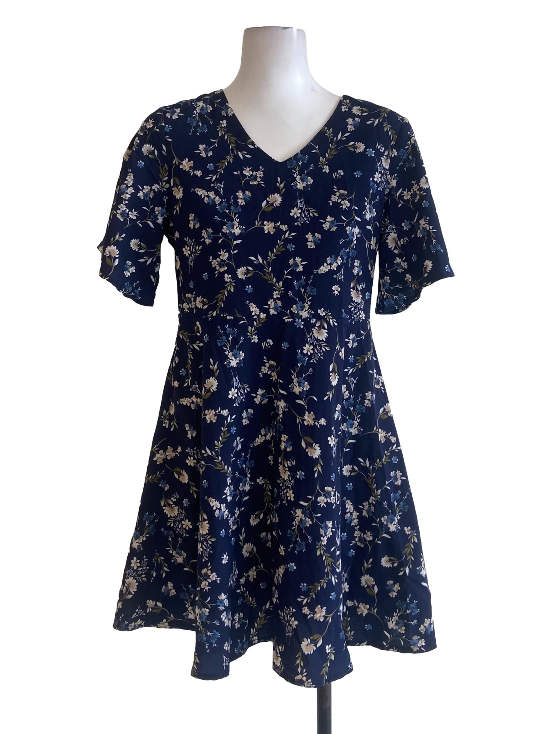 Navy Blue Floral V Neck Mini Dress
