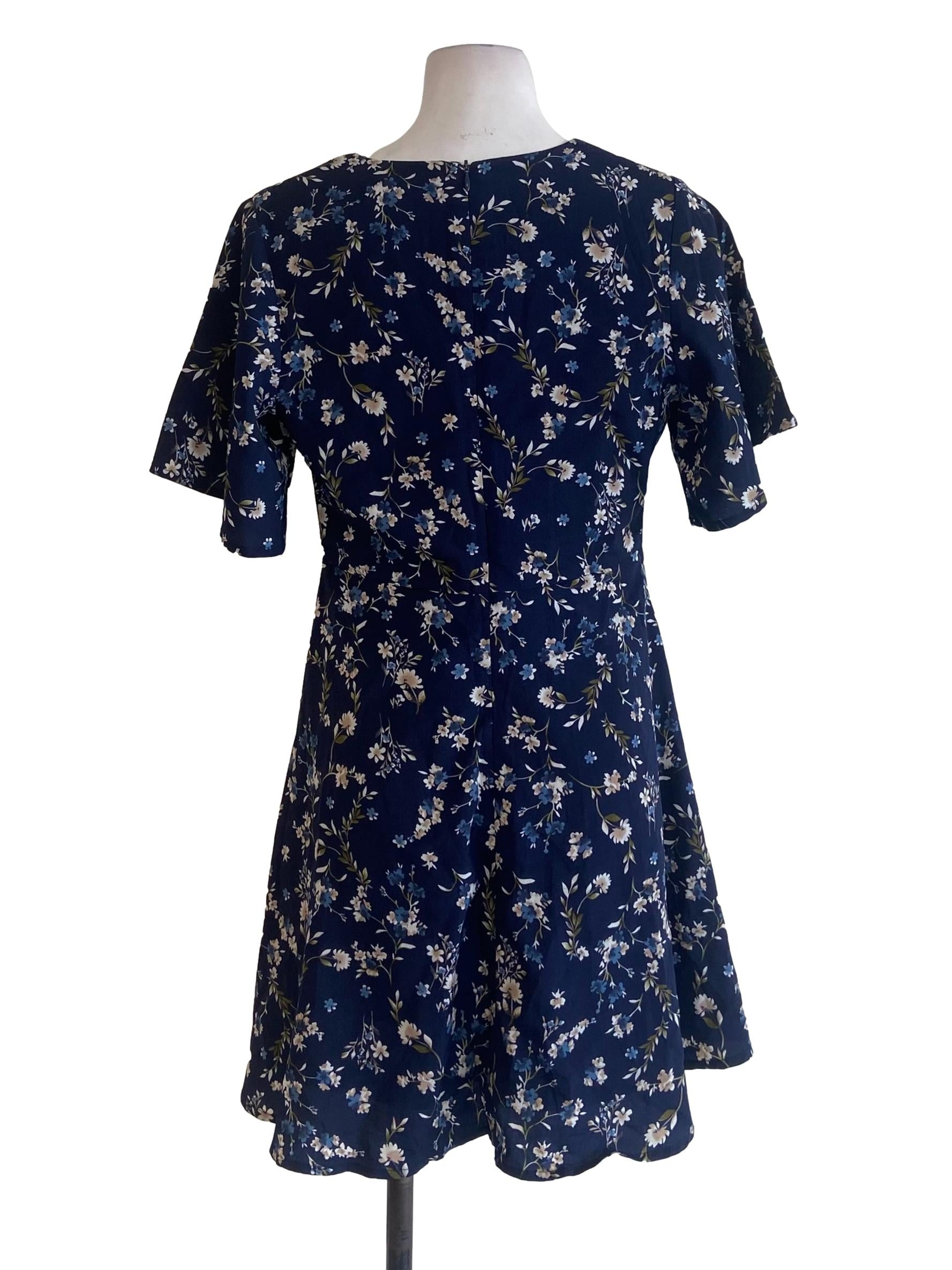 Navy Blue Floral V Neck Mini Dress