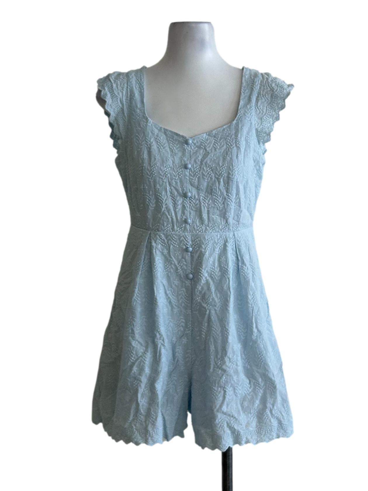 Sky Blue Textured Queen Anne Neckline Romper
