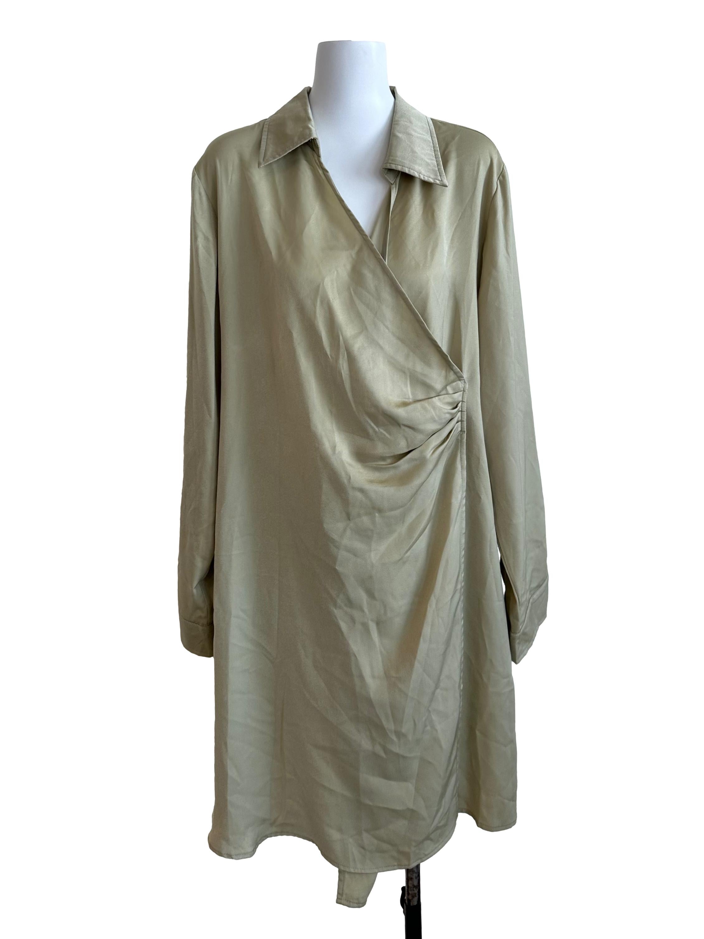 Sage Green Front Overlap Ruched Shirt Dress