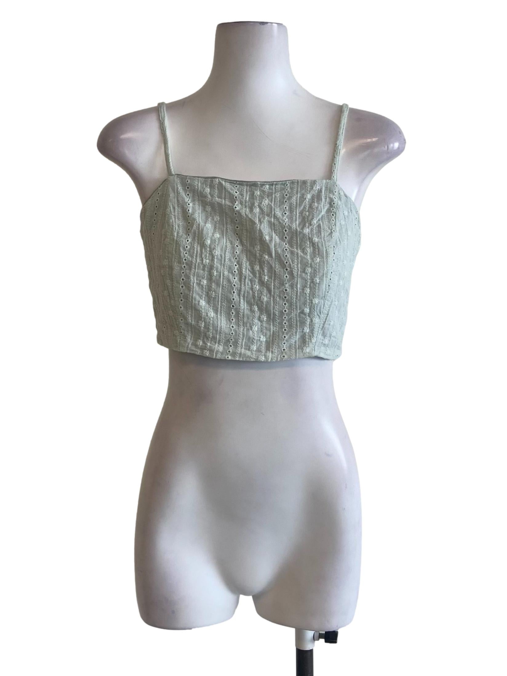 Mint Green Sleeveless Embroidery Crop Top