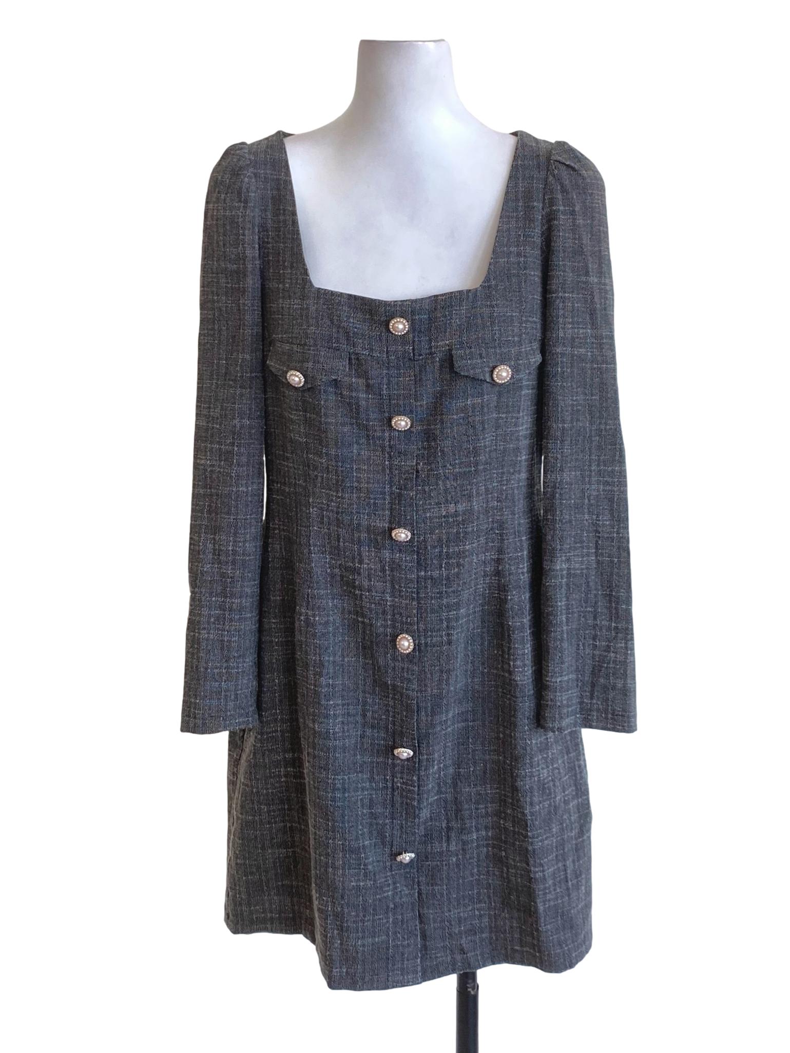 Pebble Grey Square Neck Buttoned Down Dress
