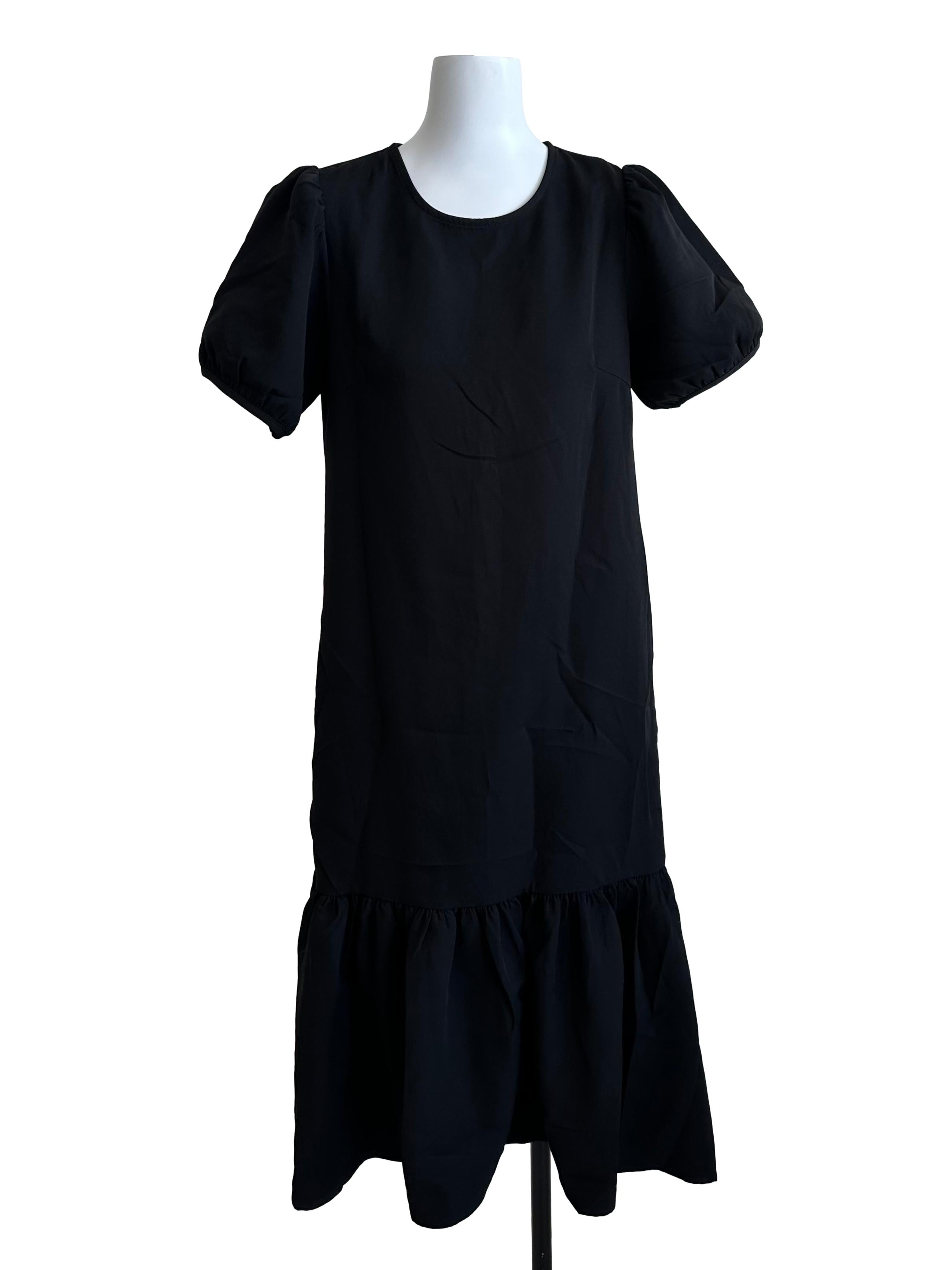 Rich Black Round Neck Puff Sleeve Ruffle Dress