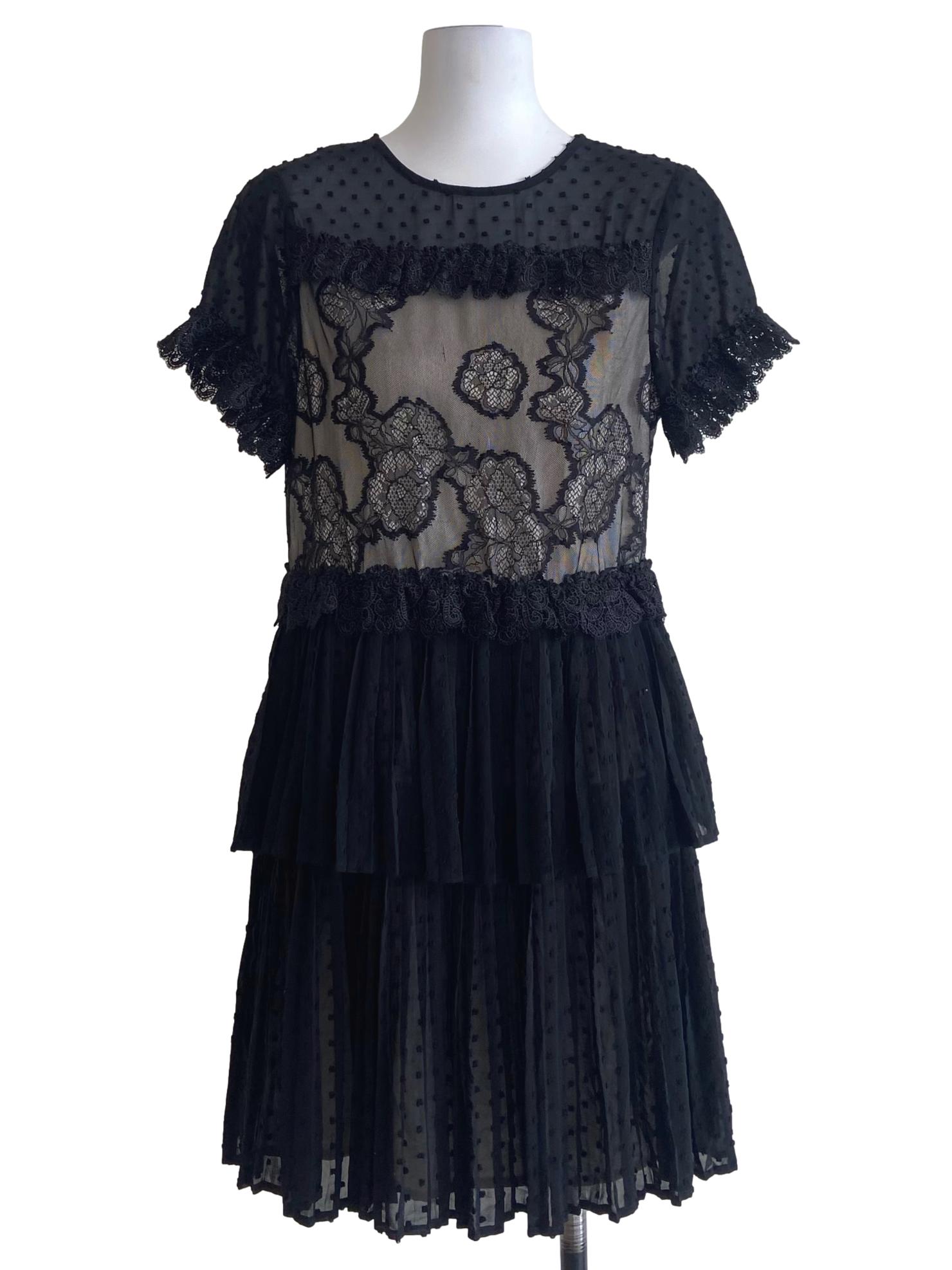 Black Floral Lace Pleated Layered Dress