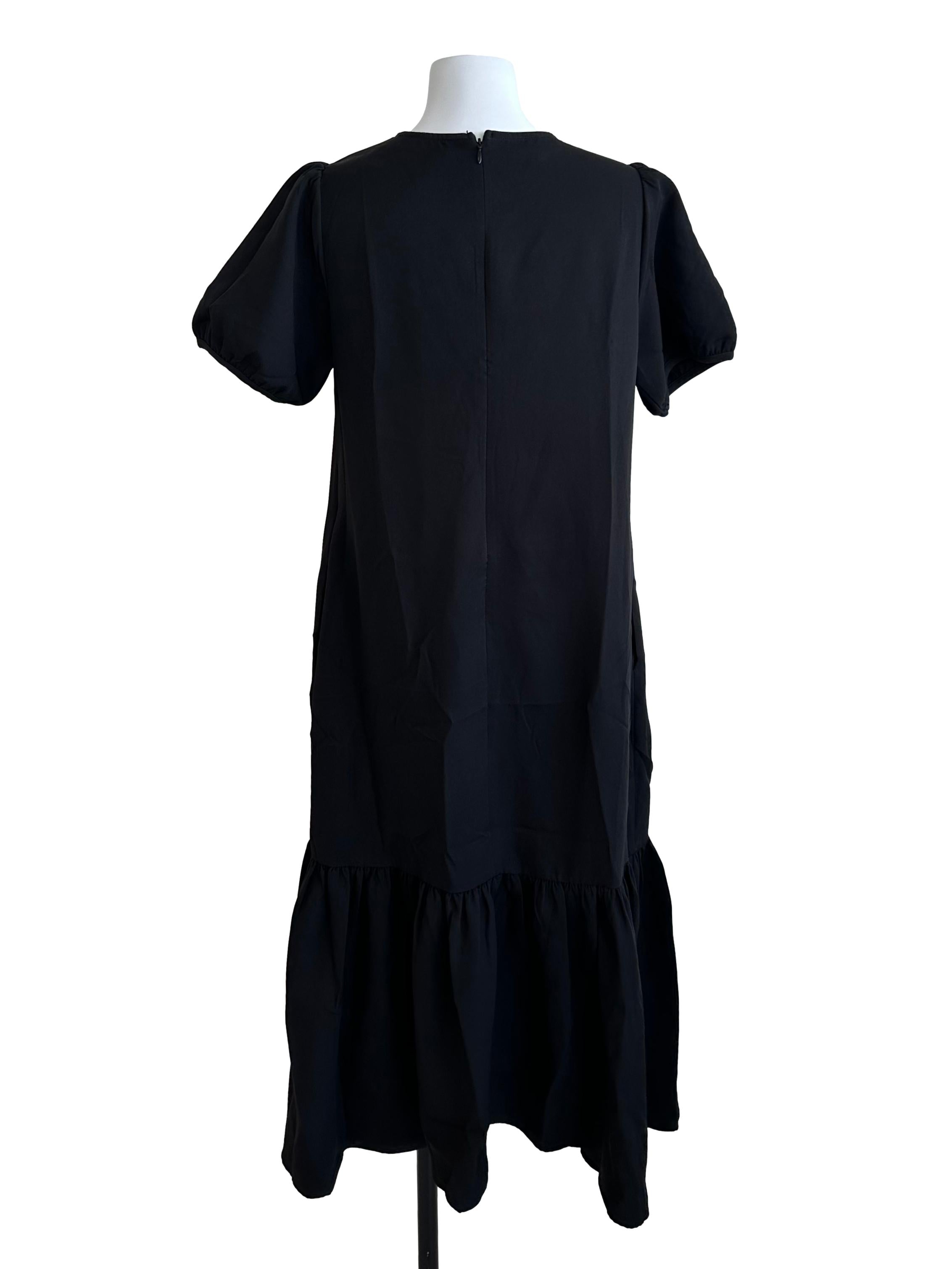 Rich Black Round Neck Puff Sleeve Ruffle Dress