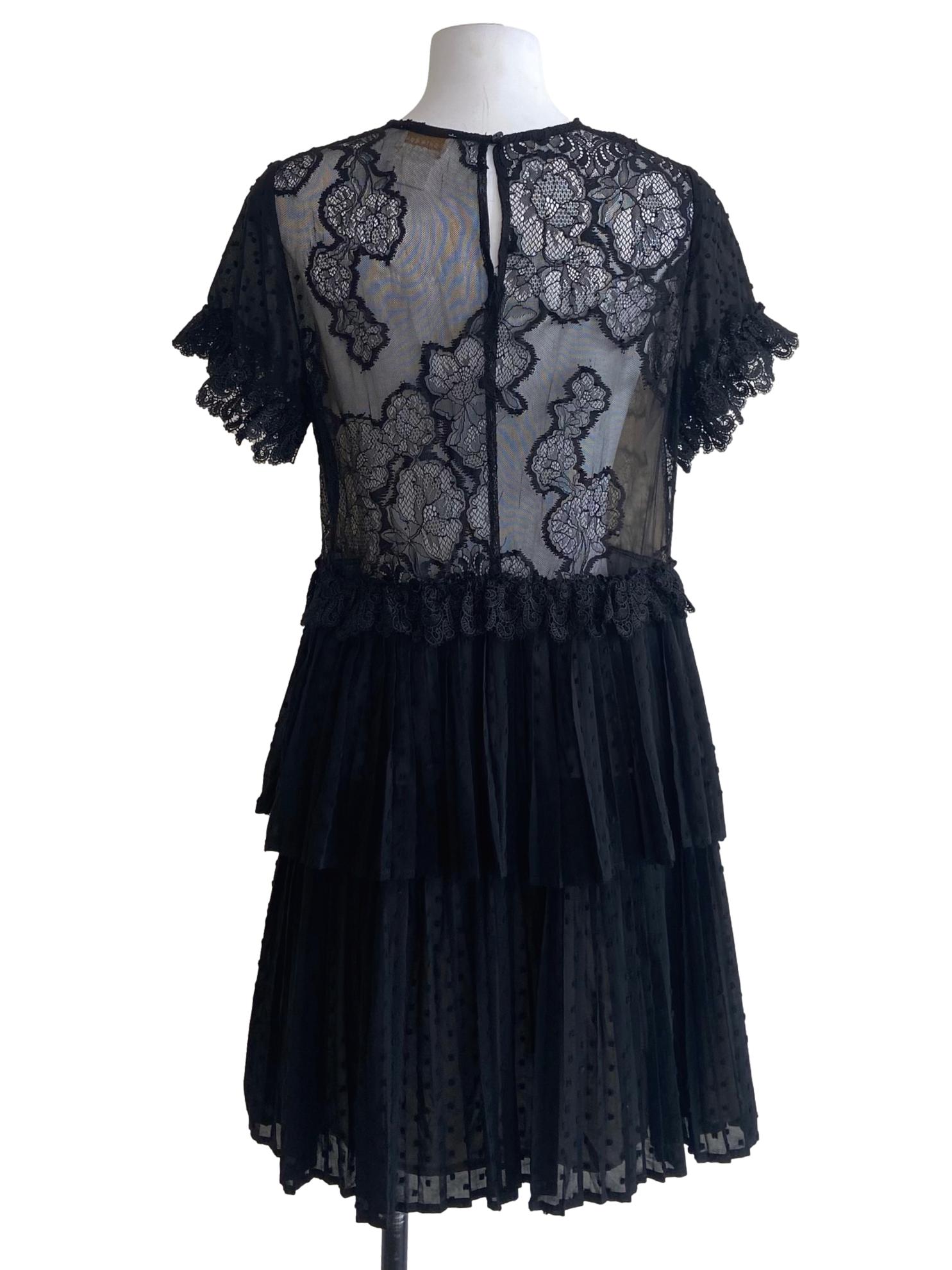 Black Floral Lace Pleated Layered Dress