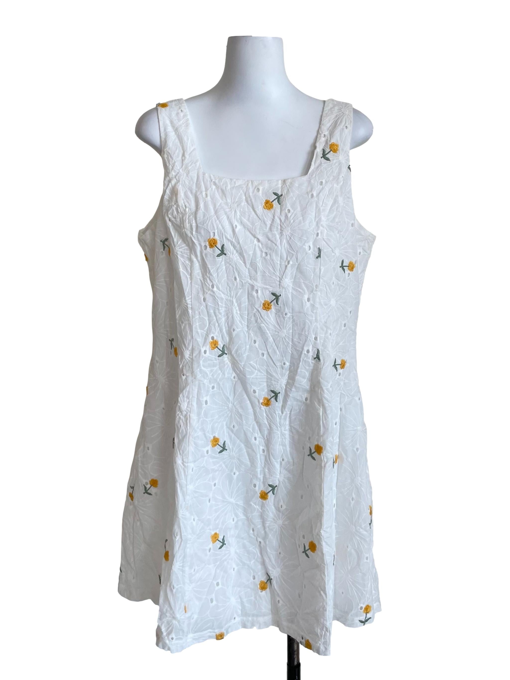 White Floral Square Neck Dress