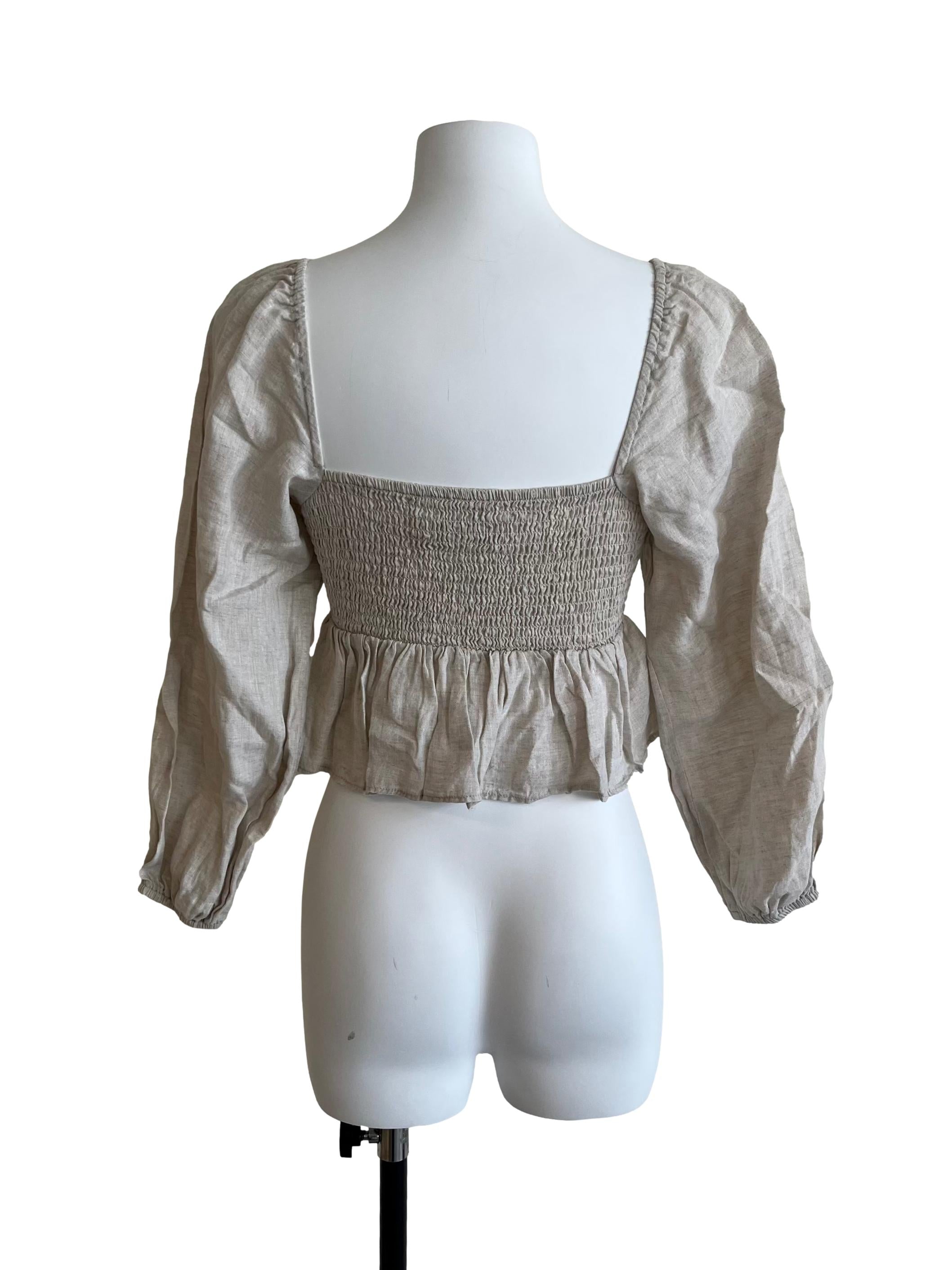 Linen Beige Smocked Peplum Blouse