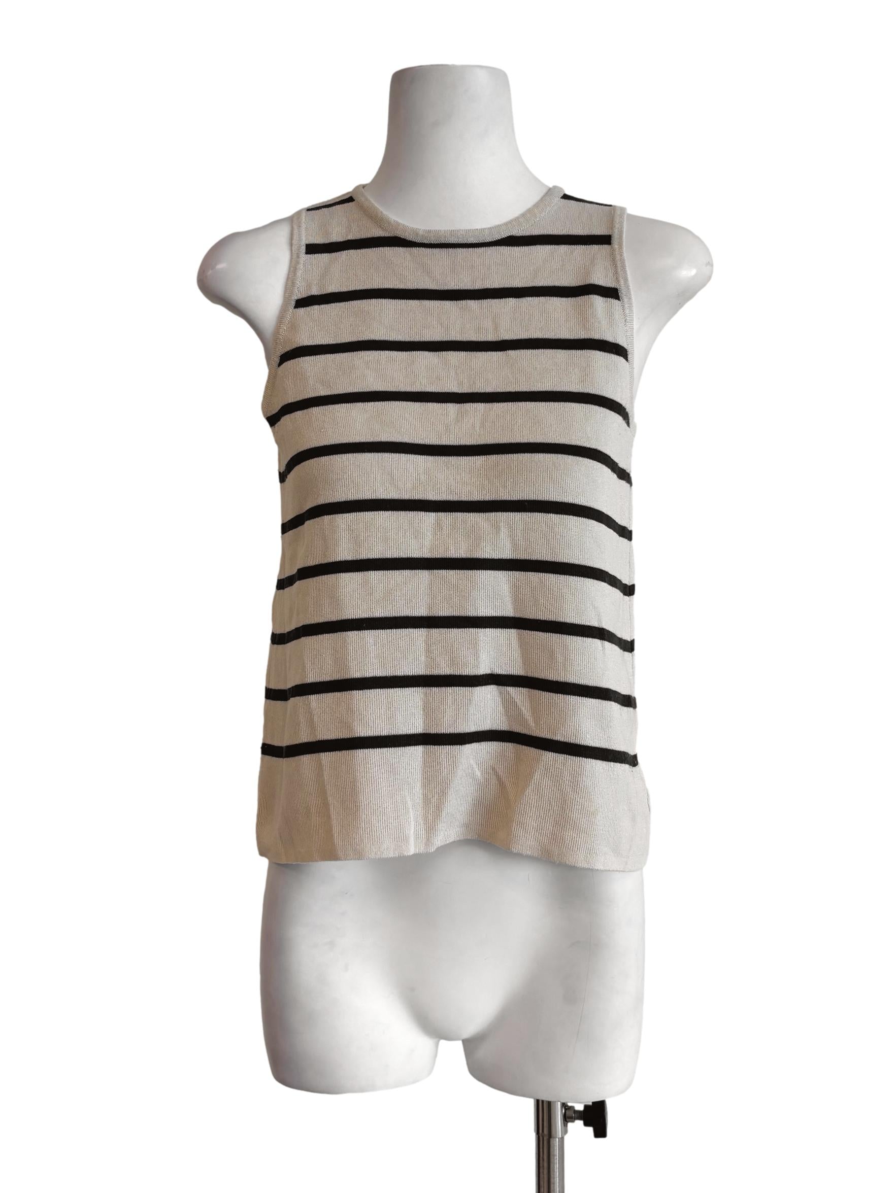 Oyster Beige Black Stripe Sleeveless Knit Top LB
