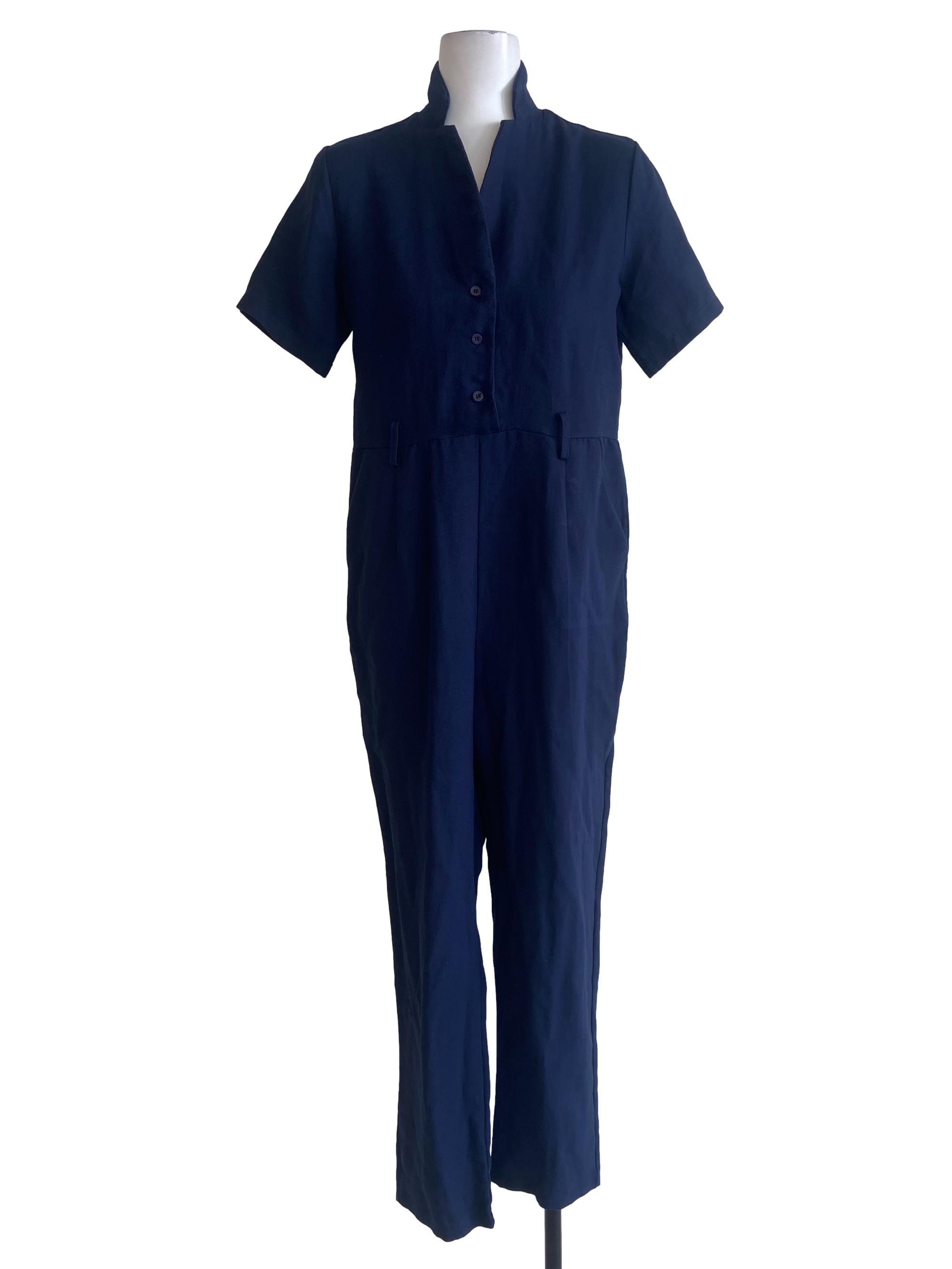 Aegean  Blue Half Button Herringbone Jumpsuits