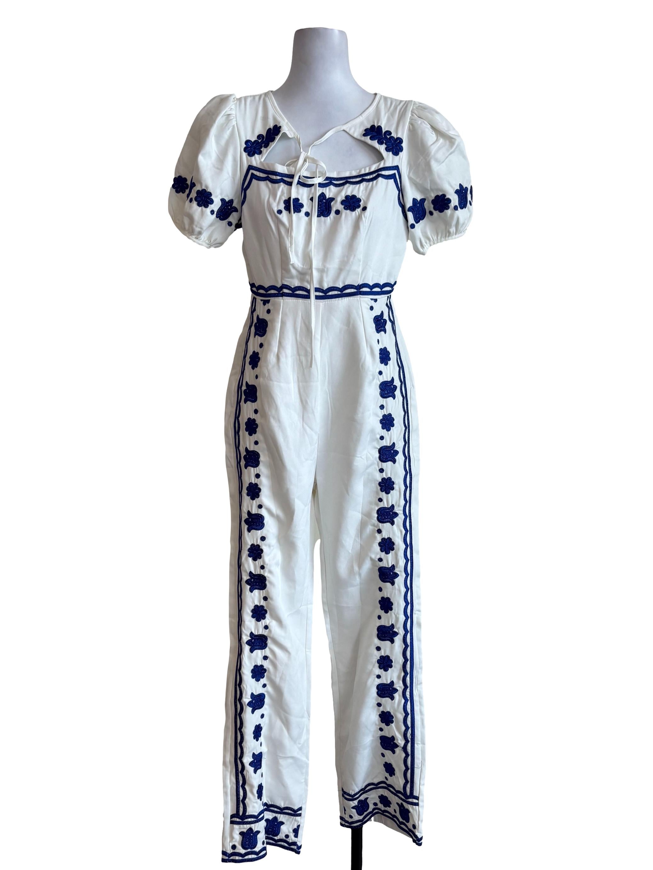 White Blue Floral Embroidered Jumpsuit