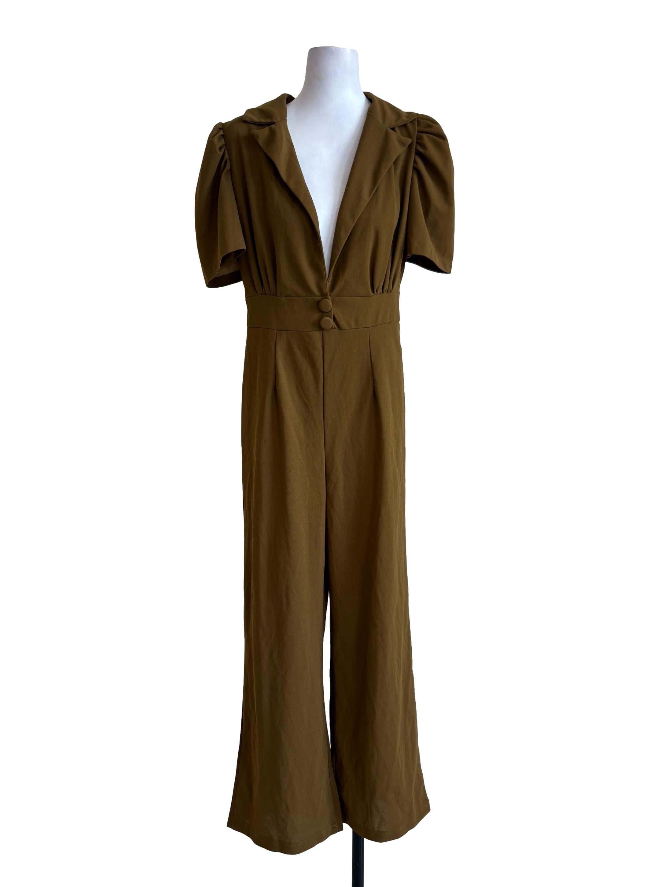 Khaki Puffed Sleeves Jumpsuit