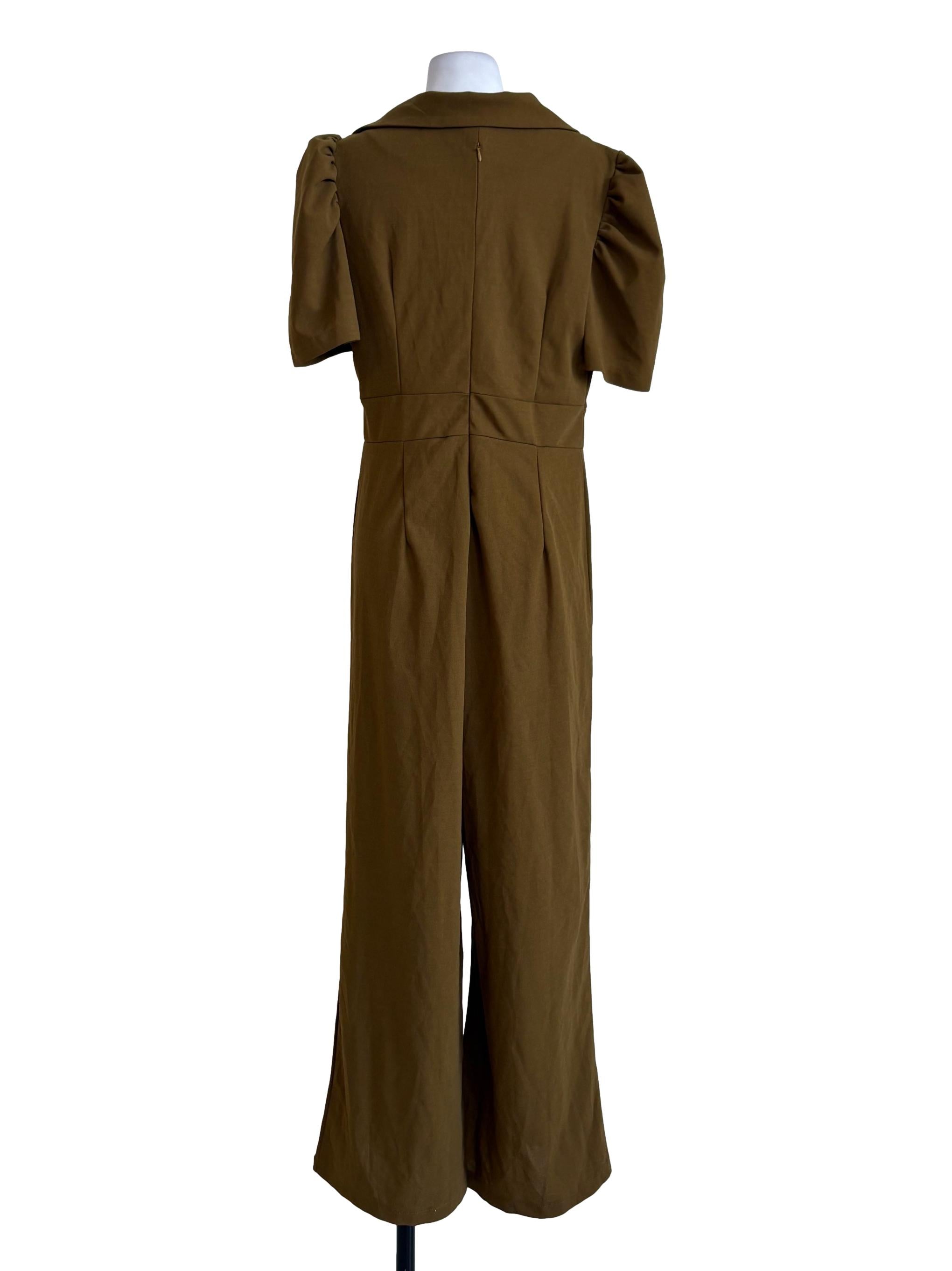 Khaki Puffed Sleeves Jumpsuit