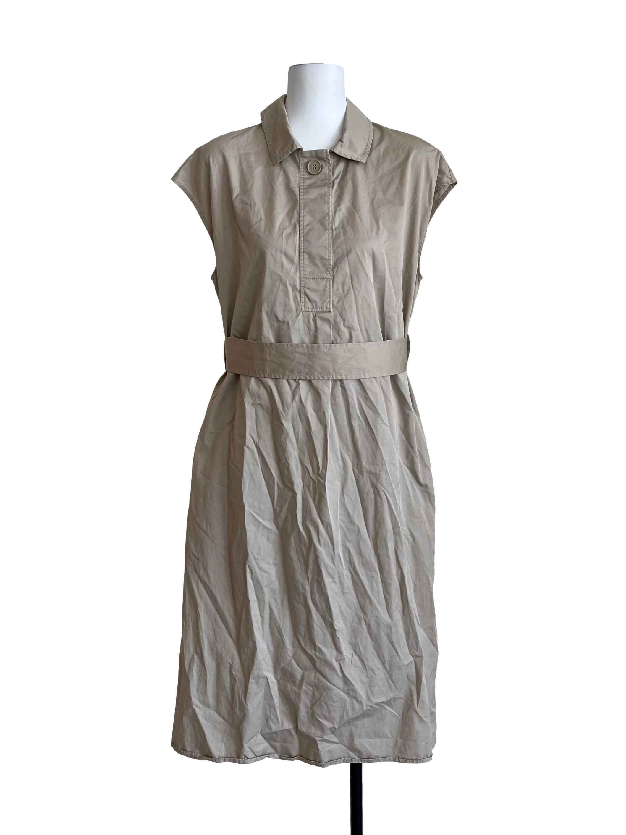 Bone Beige Belted Shirt Midi Dress