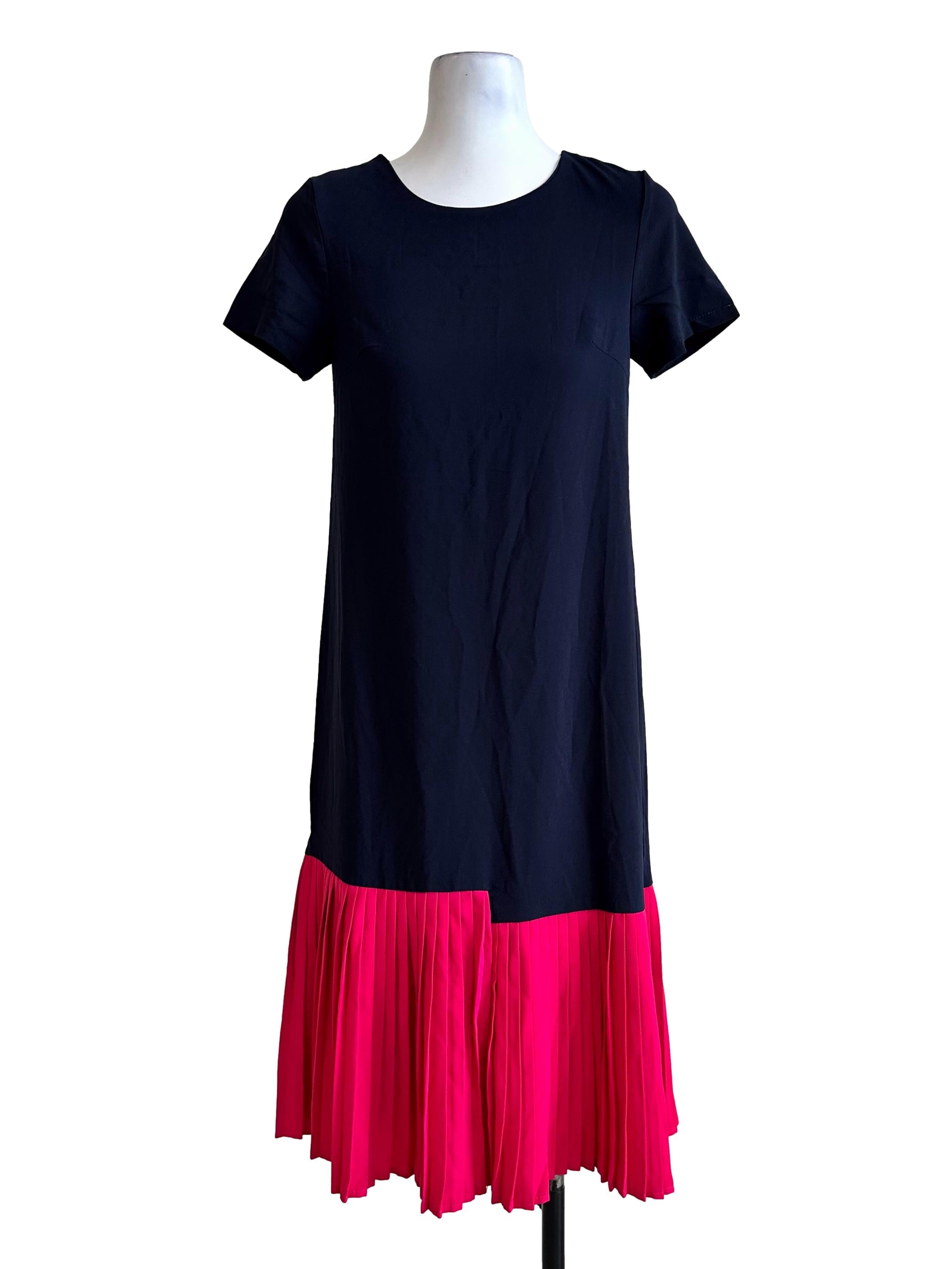 Denim Blue And Pink Pleated Midi Dress