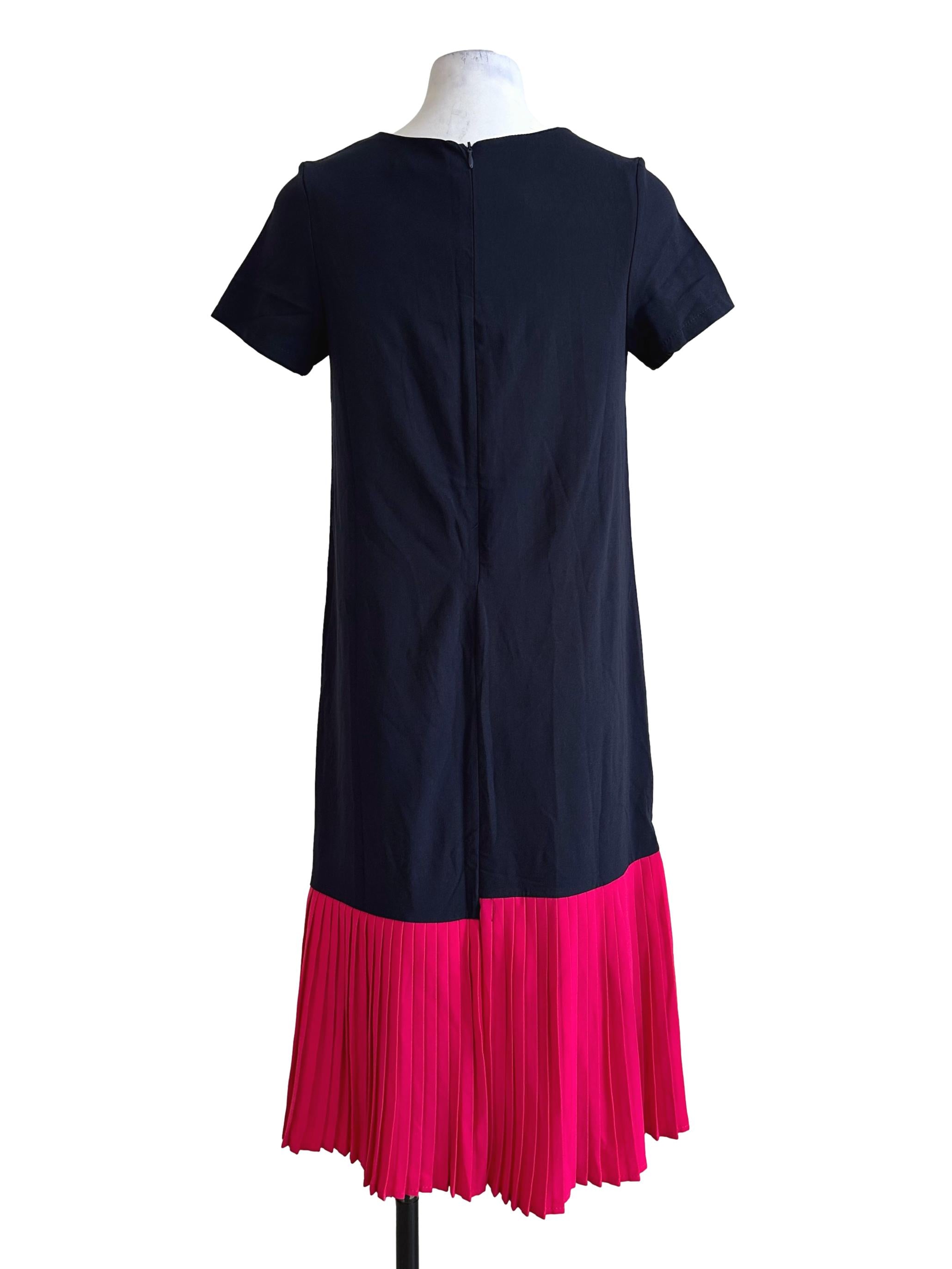 Denim Blue And Pink Pleated Midi Dress