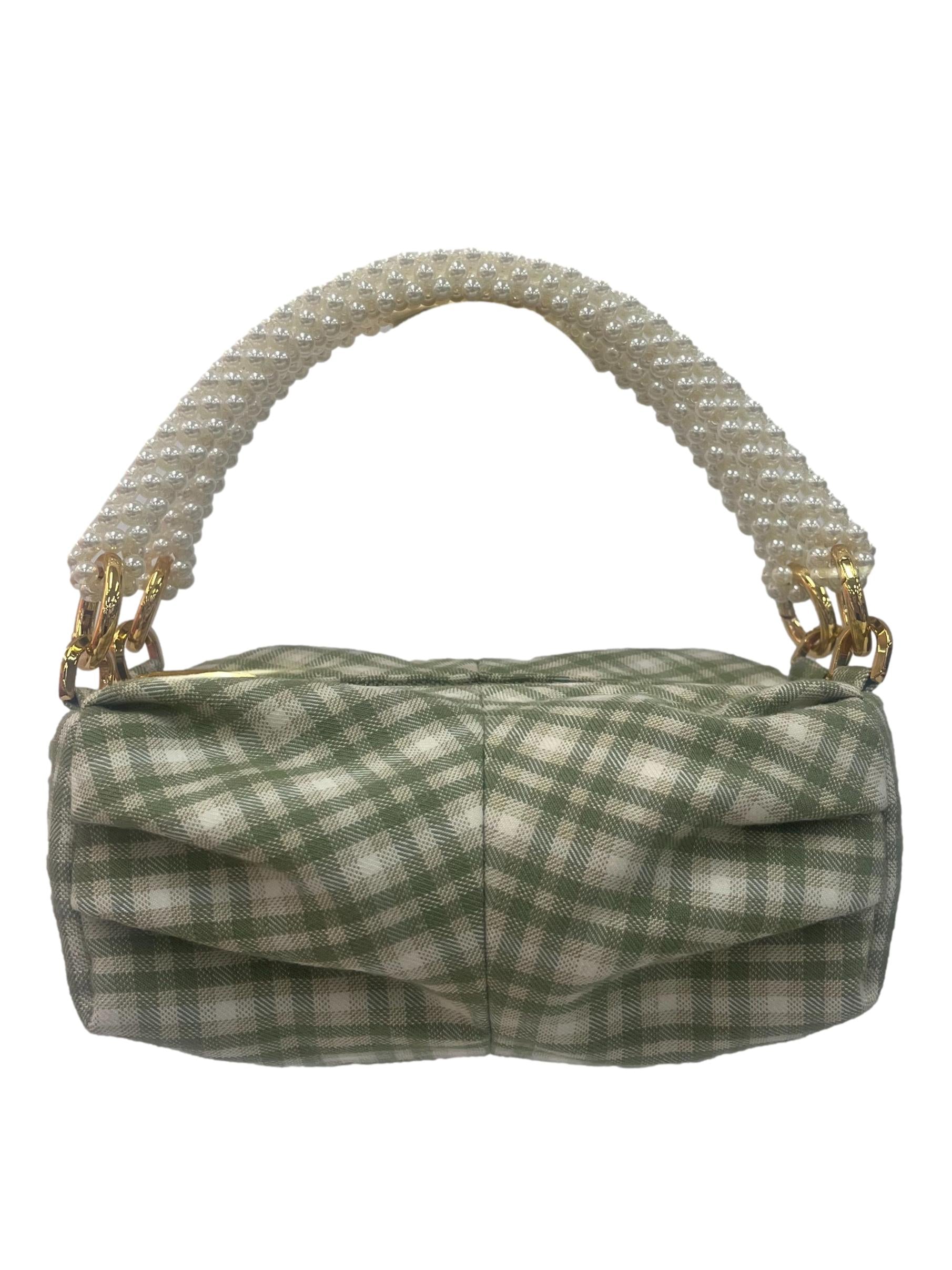 Green And Cream Checkered Mini Handbag With Pearl Handle