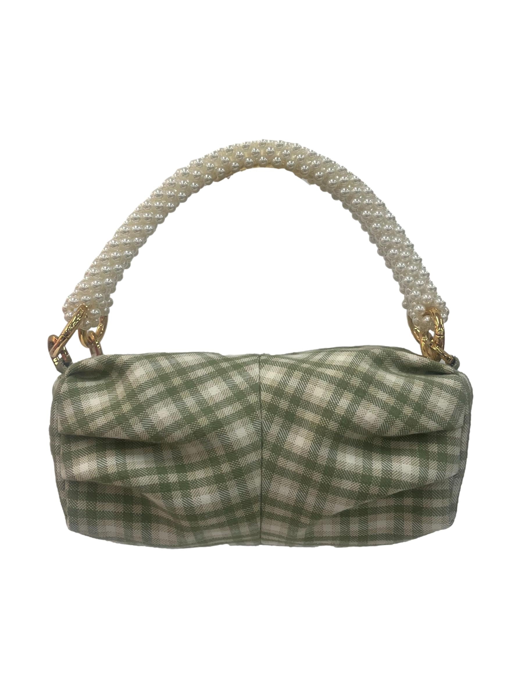 Green And Cream Checkered Mini Handbag With Pearl Handle