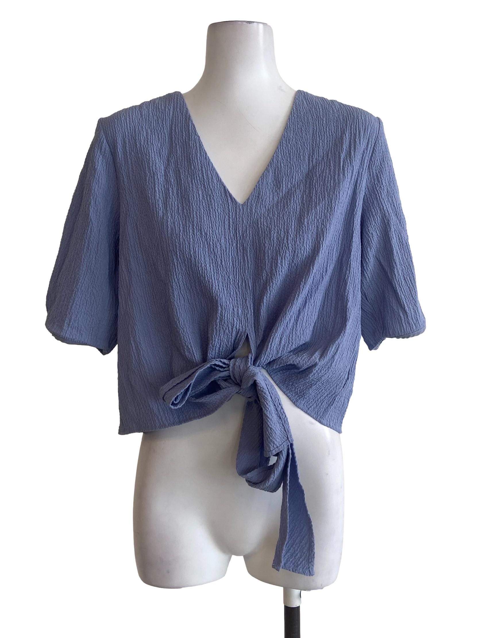Periwinkle Purple V Neck Front Knot Blouse OSN