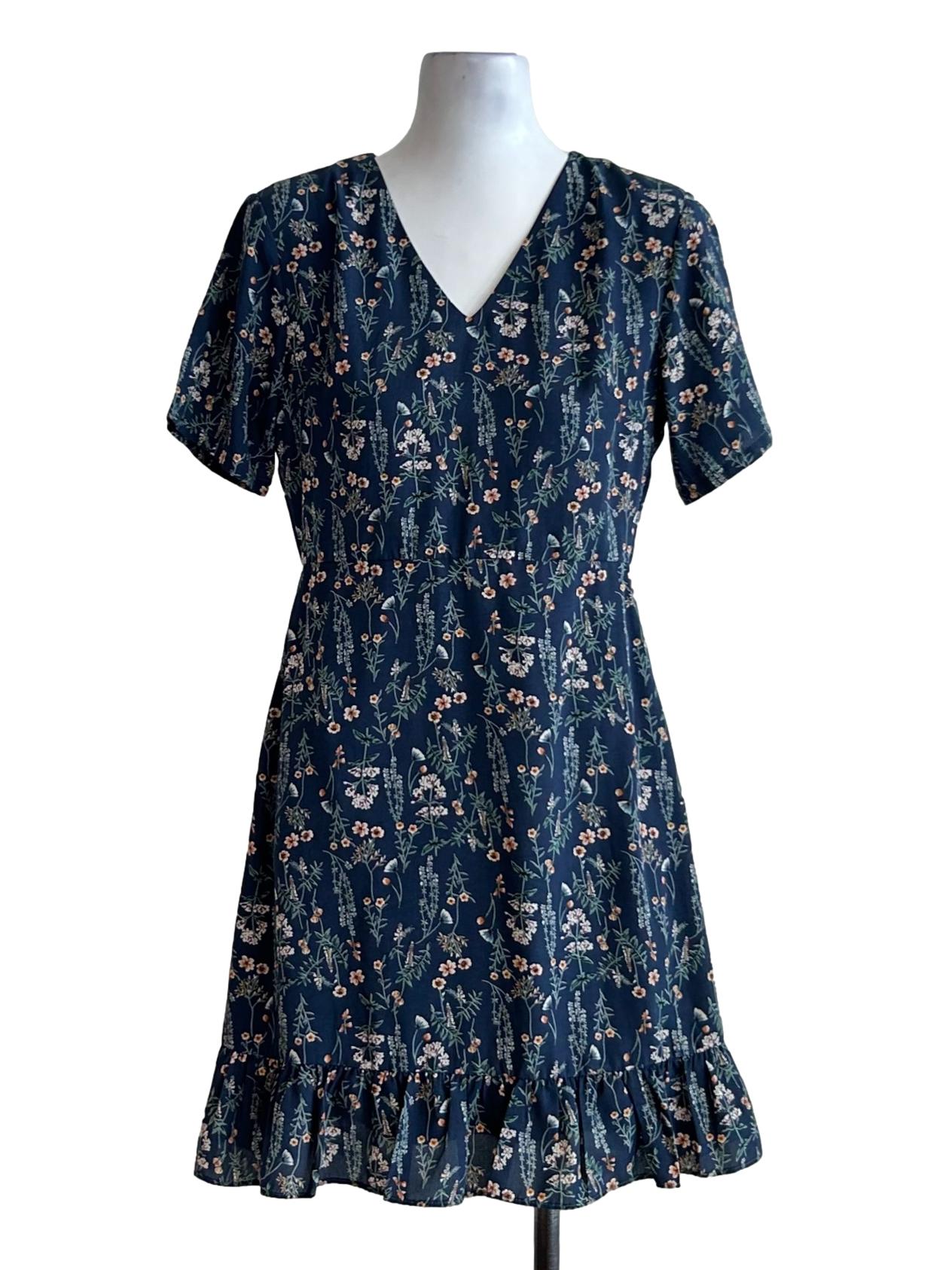 Blue Floral V-Neck Line Dress