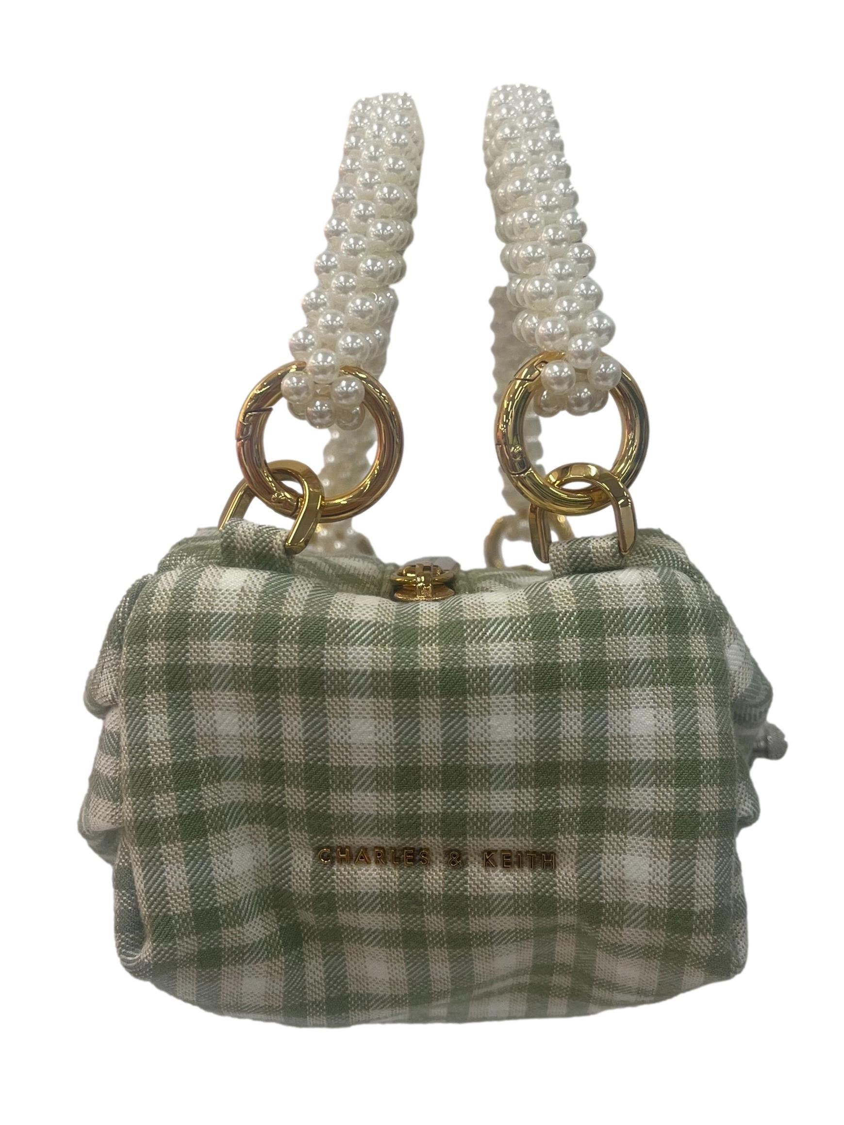 Green And Cream Checkered Mini Handbag With Pearl Handle