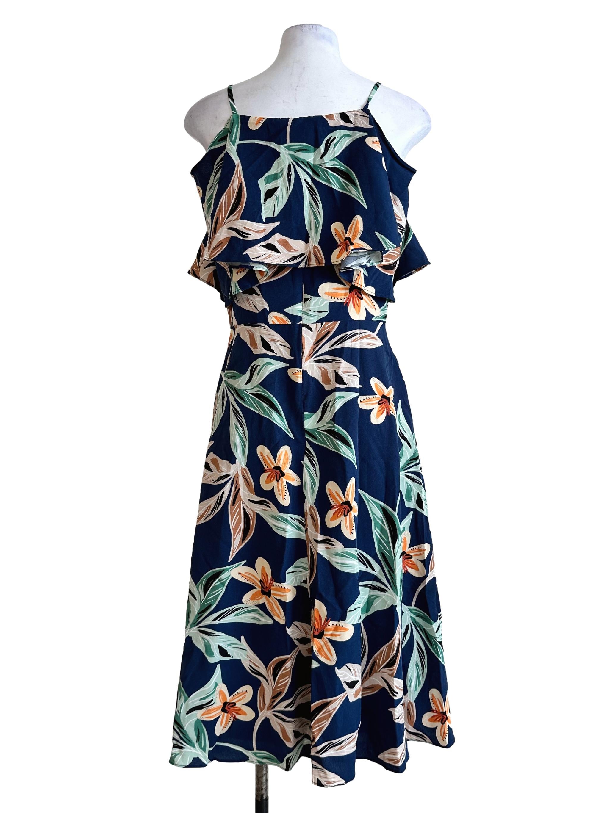 Navy Blue Floral Pattern Cape Dress