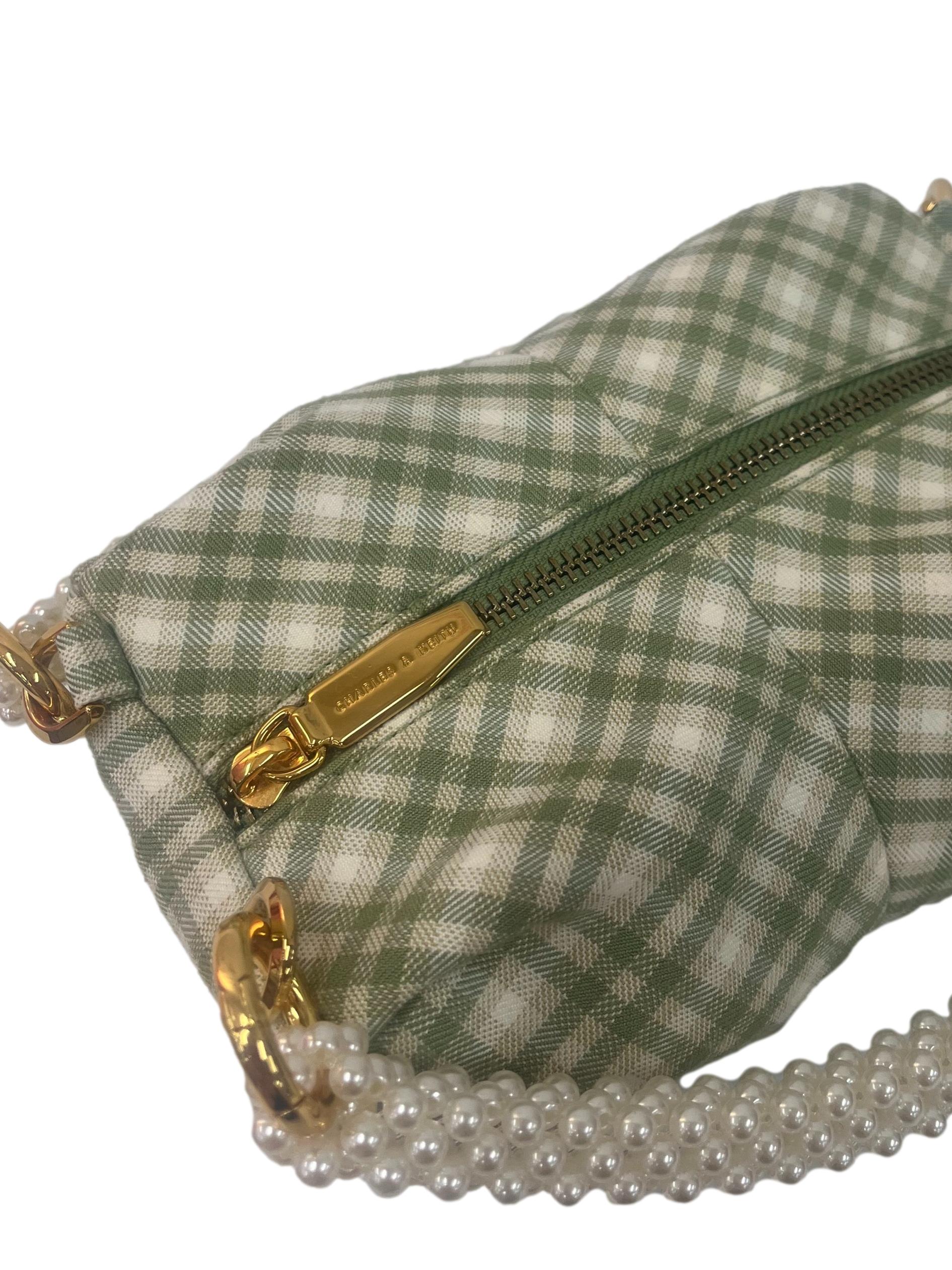 Green And Cream Checkered Mini Handbag With Pearl Handle