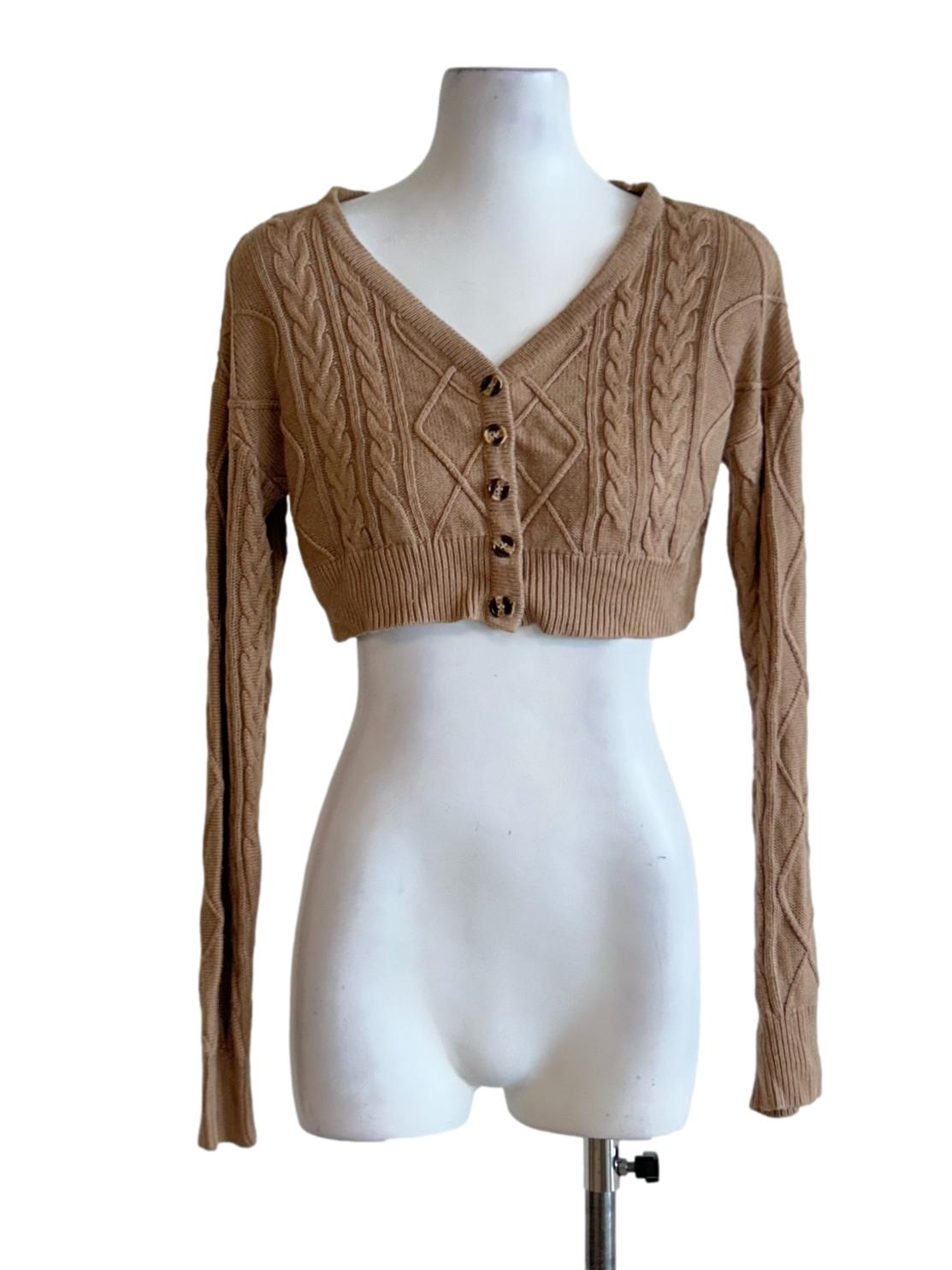 Sand Brown Knit Cropped Cardigan
