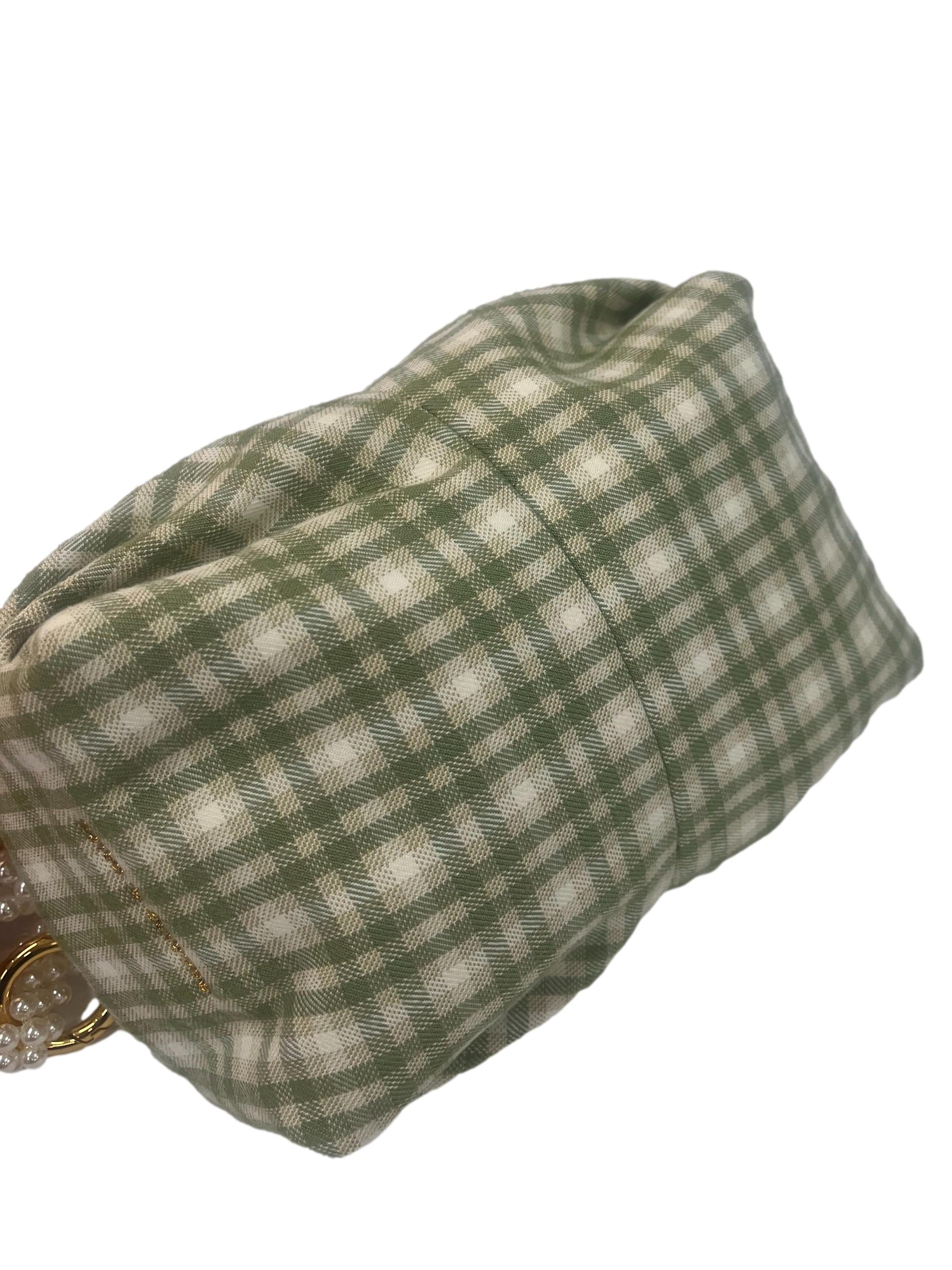 Green And Cream Checkered Mini Handbag With Pearl Handle