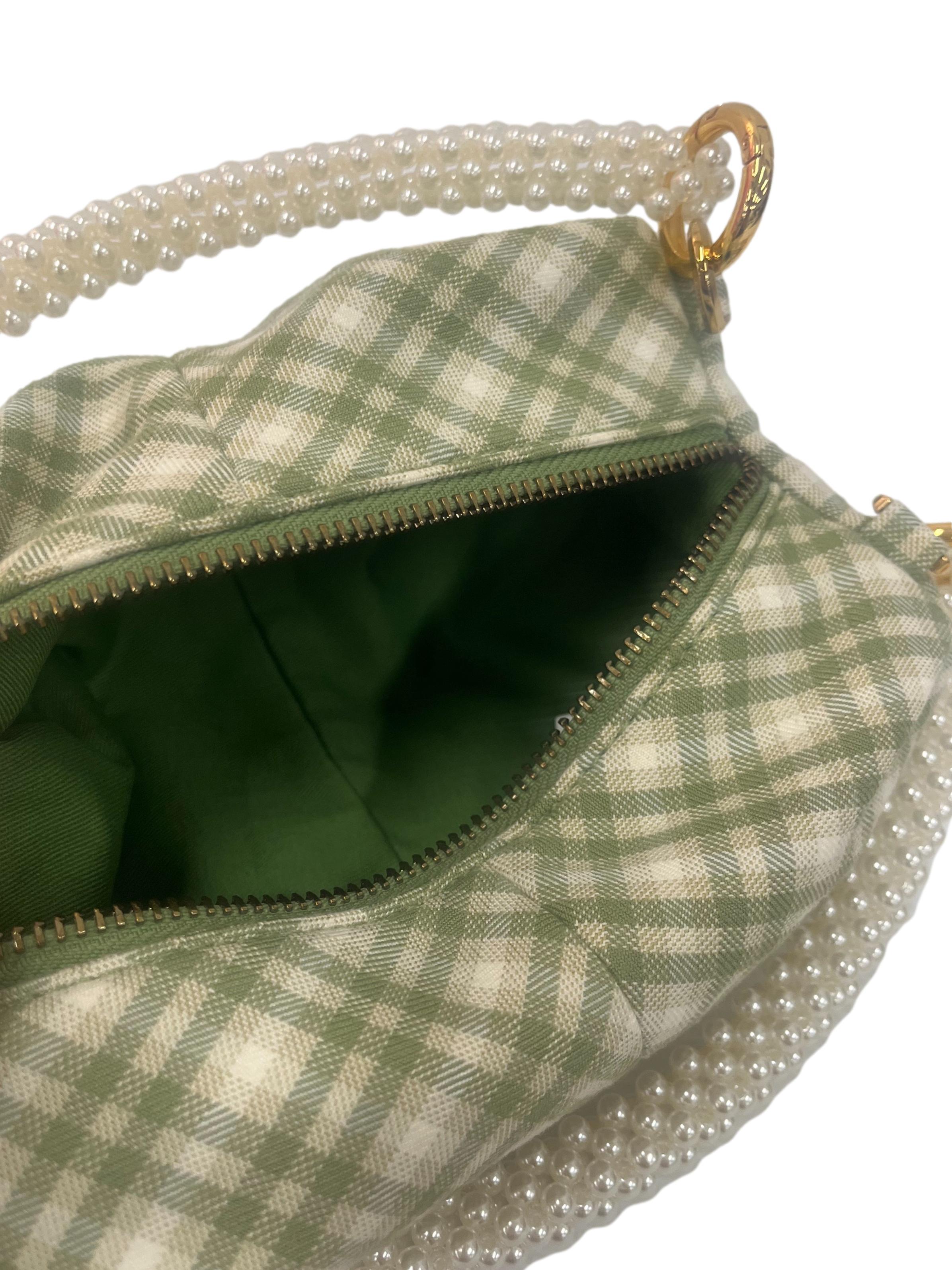 Green And Cream Checkered Mini Handbag With Pearl Handle