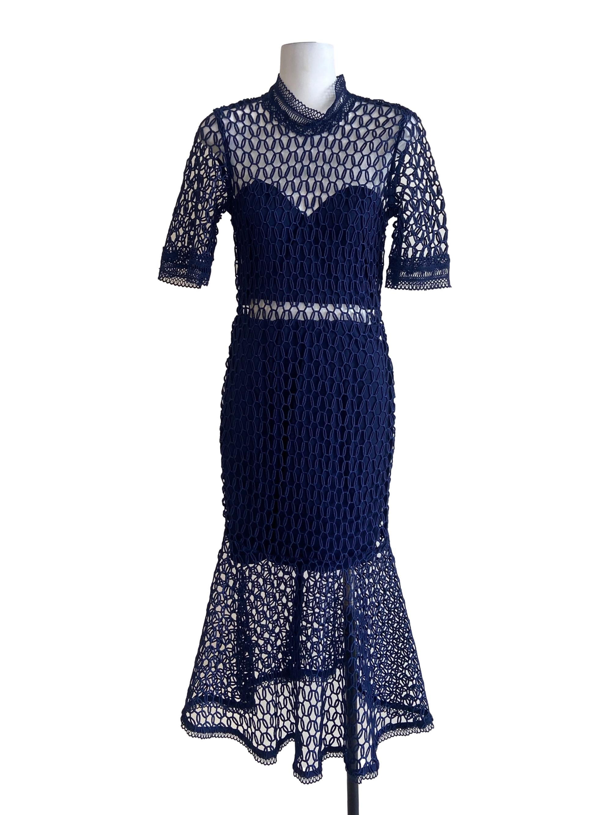 Navy Blue Lace Drop Waist Empire Dress