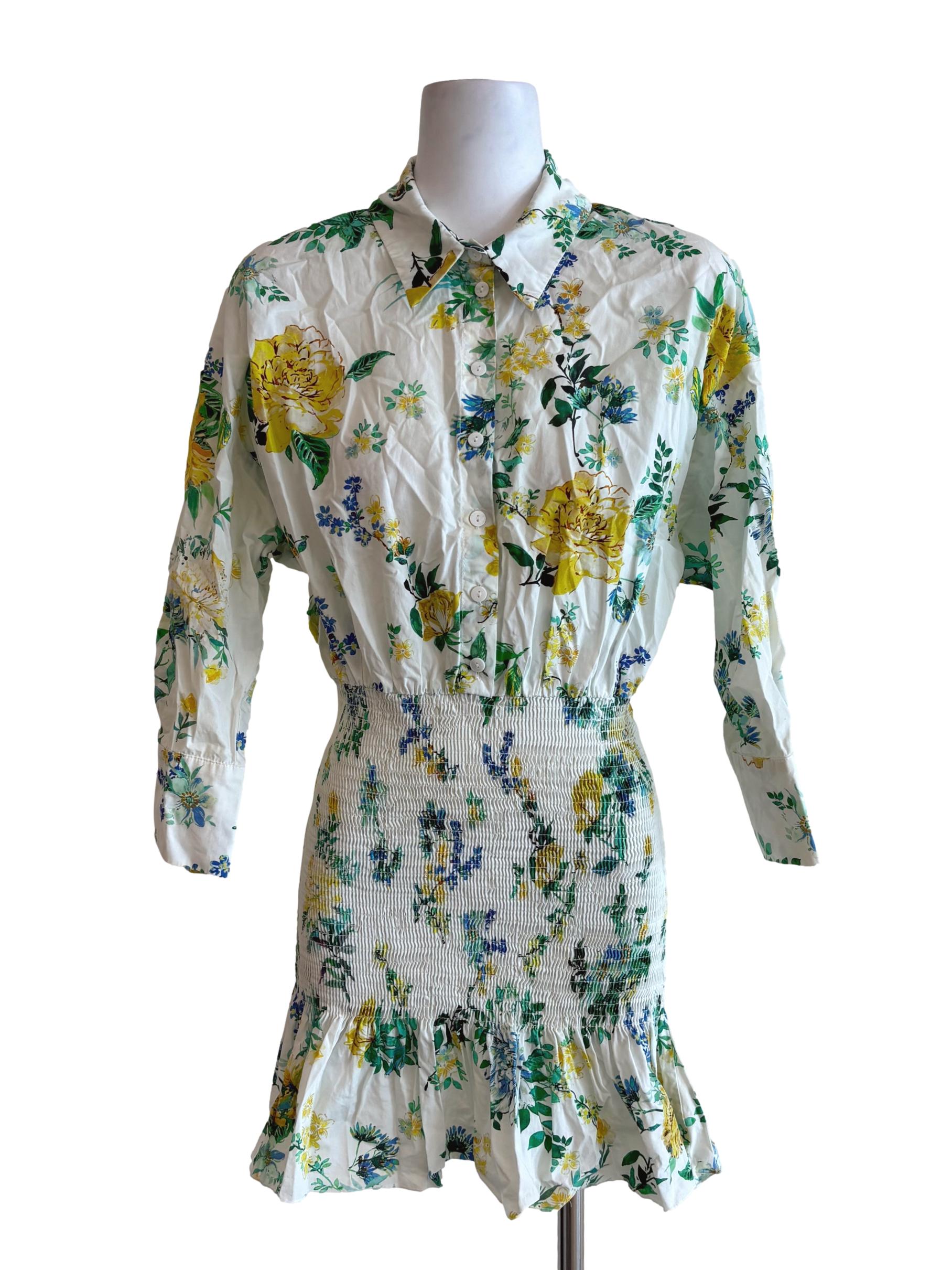 Powder White Floral Smocked Shirt Dress