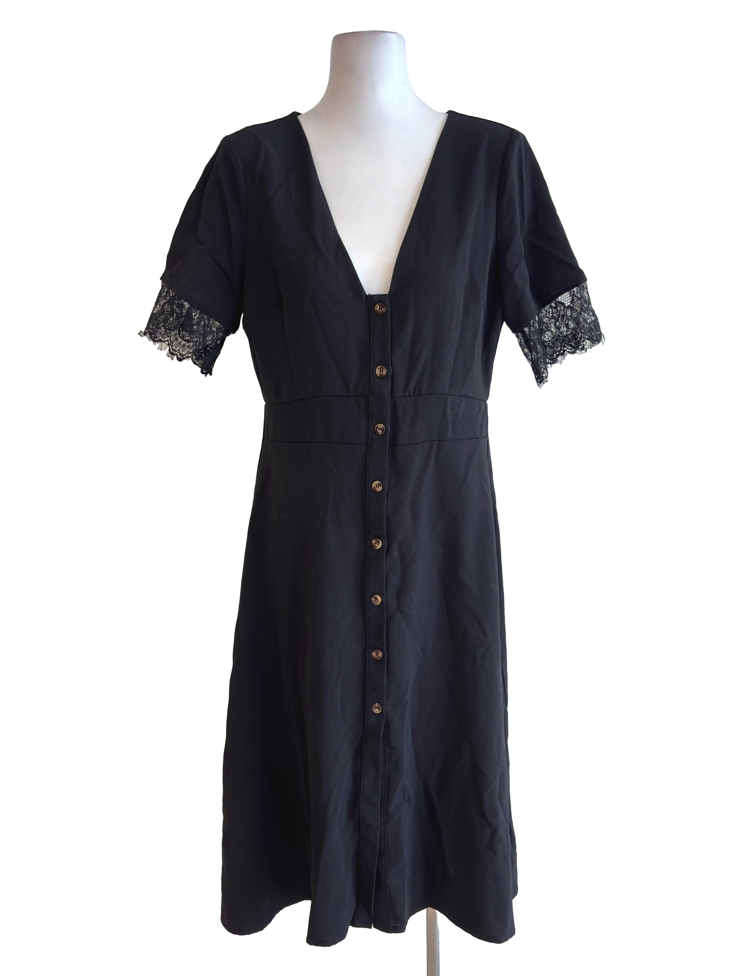 Black Button Down V Neck Dress
