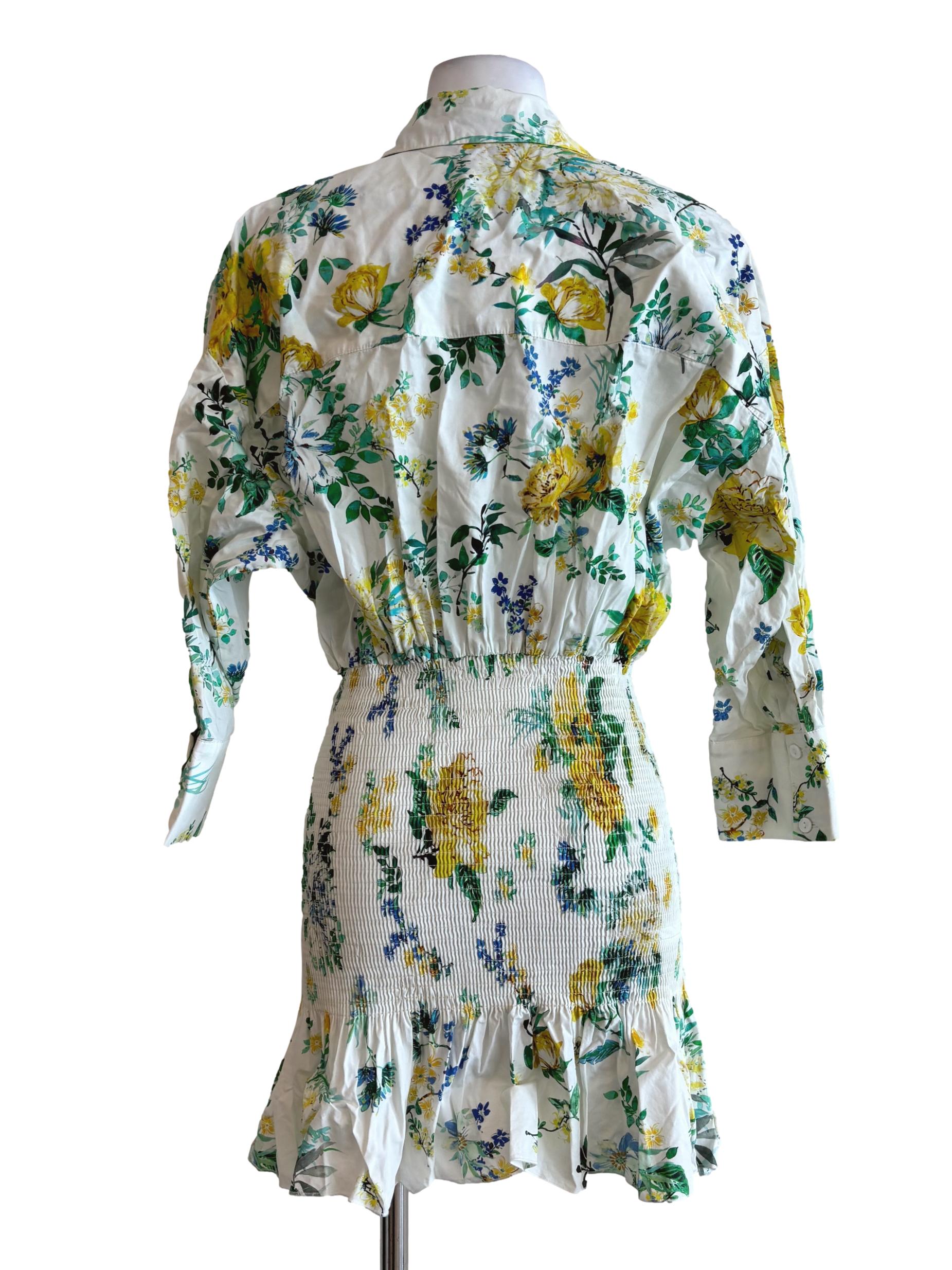 Powder White Floral Smocked Shirt Dress