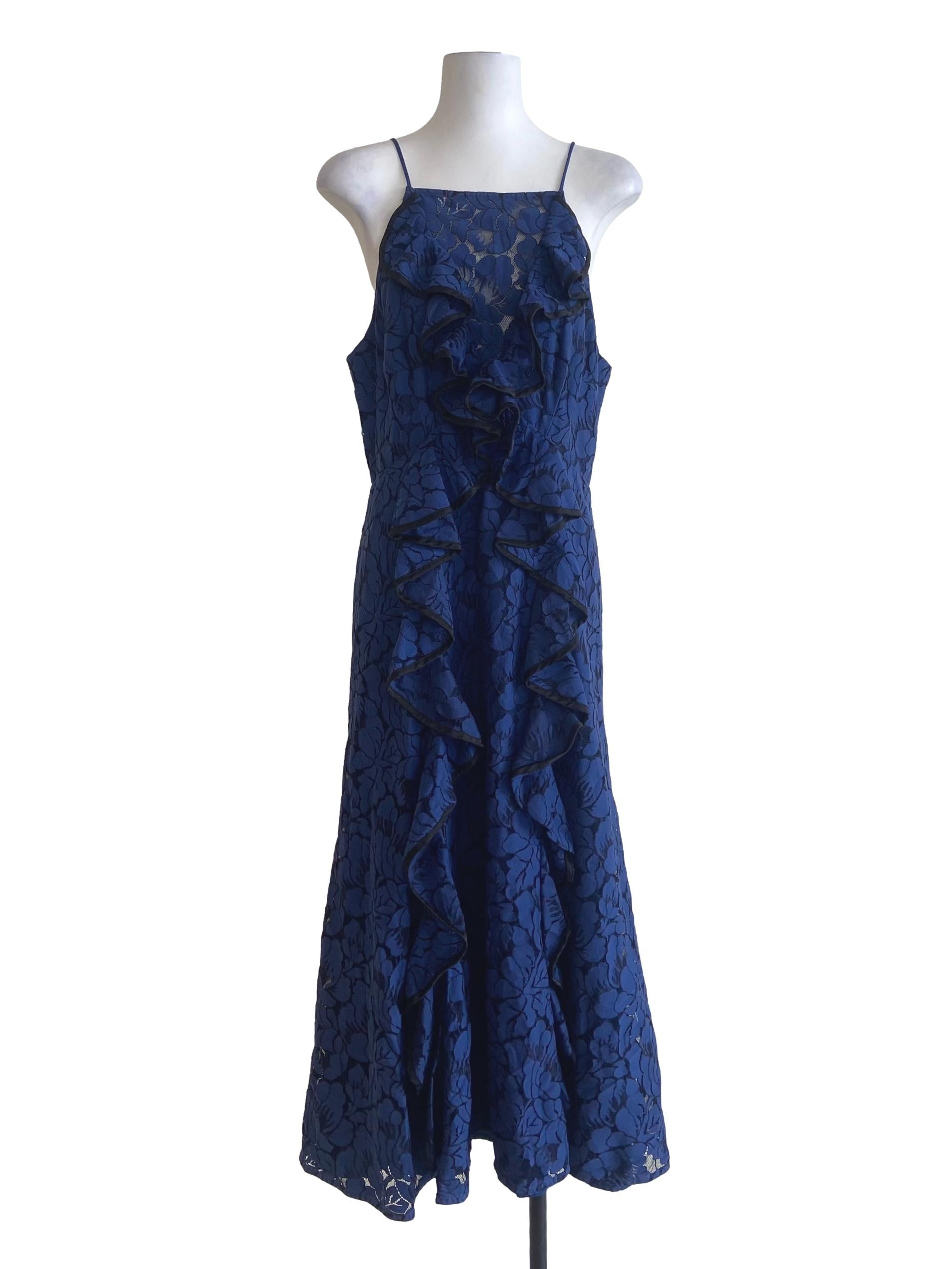 Navy Blue Spaghetti Straps Floral Lace Dress