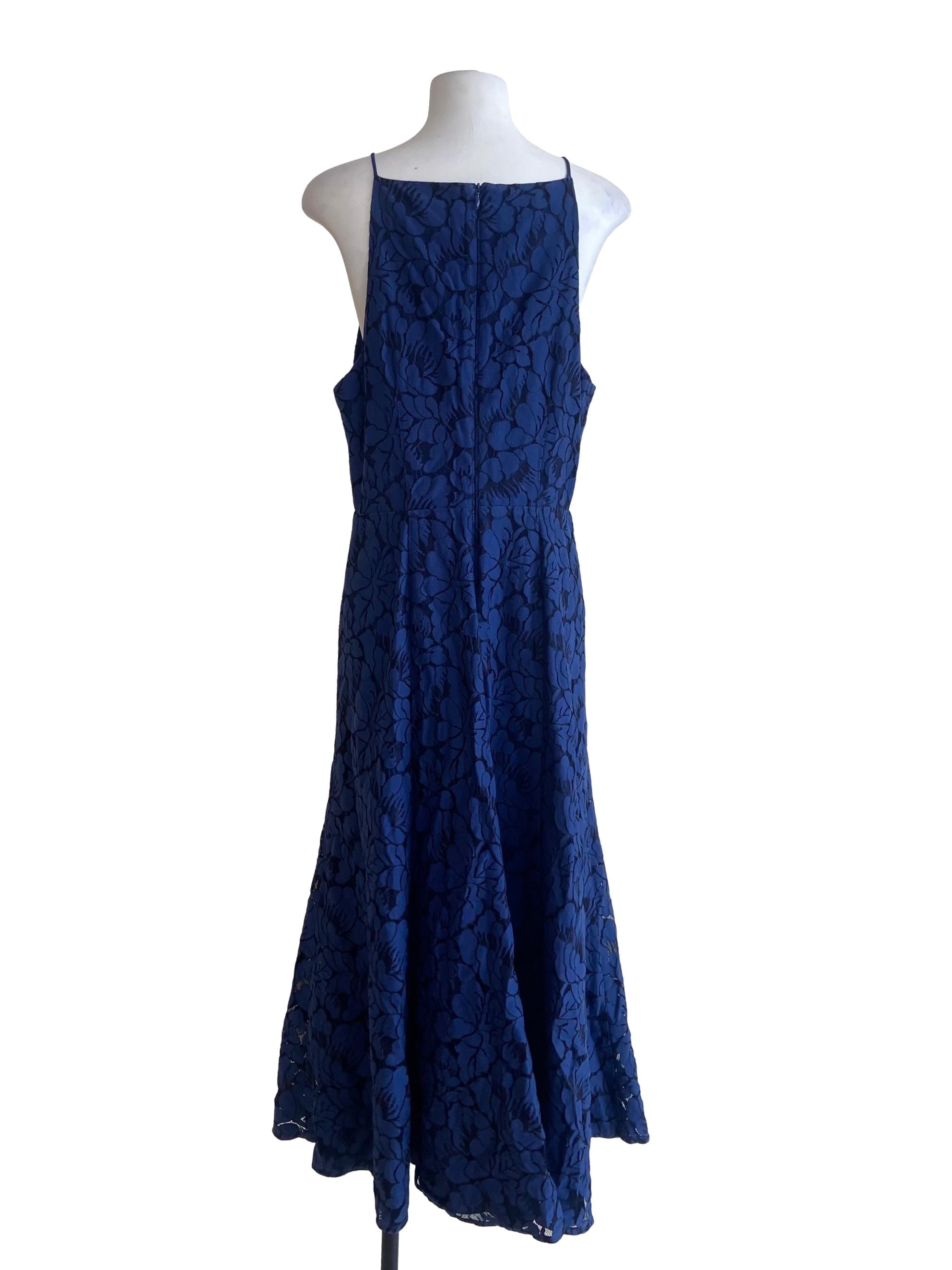 Navy Blue Spaghetti Straps Floral Lace Dress