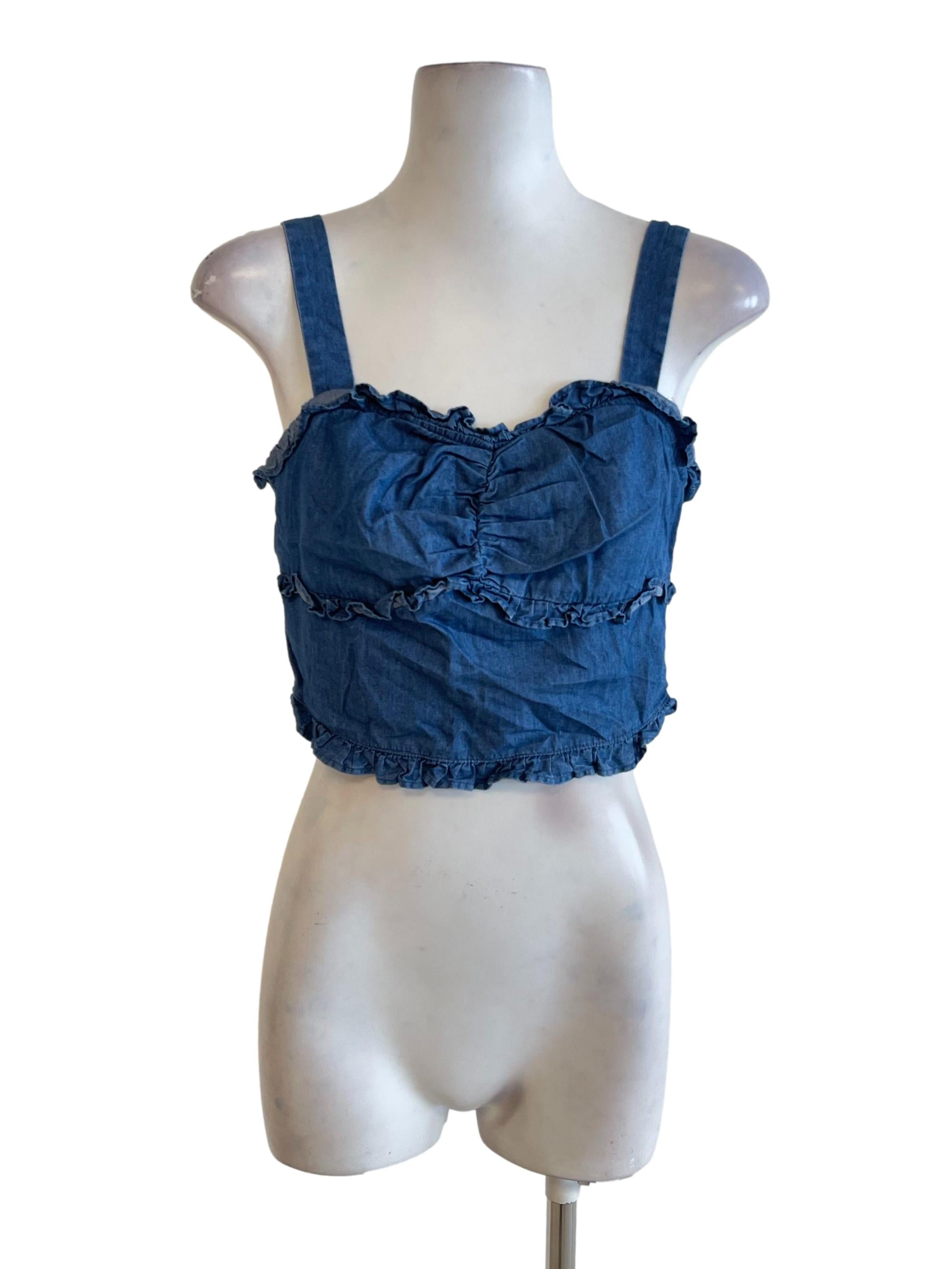 Blue Denim Ruffle Hem Crop Top