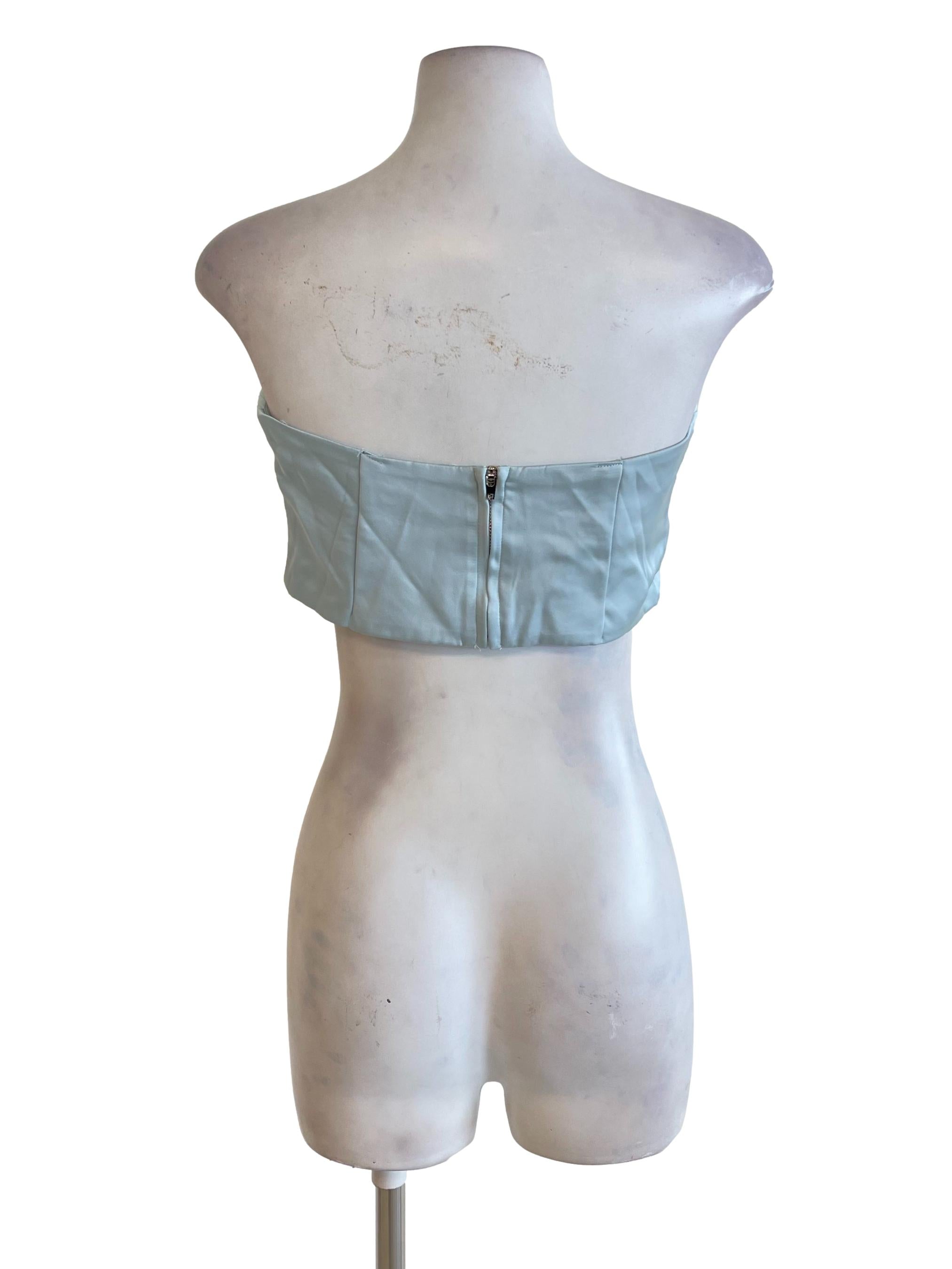 Light Blue Satin Pleated Bust Strapless Top