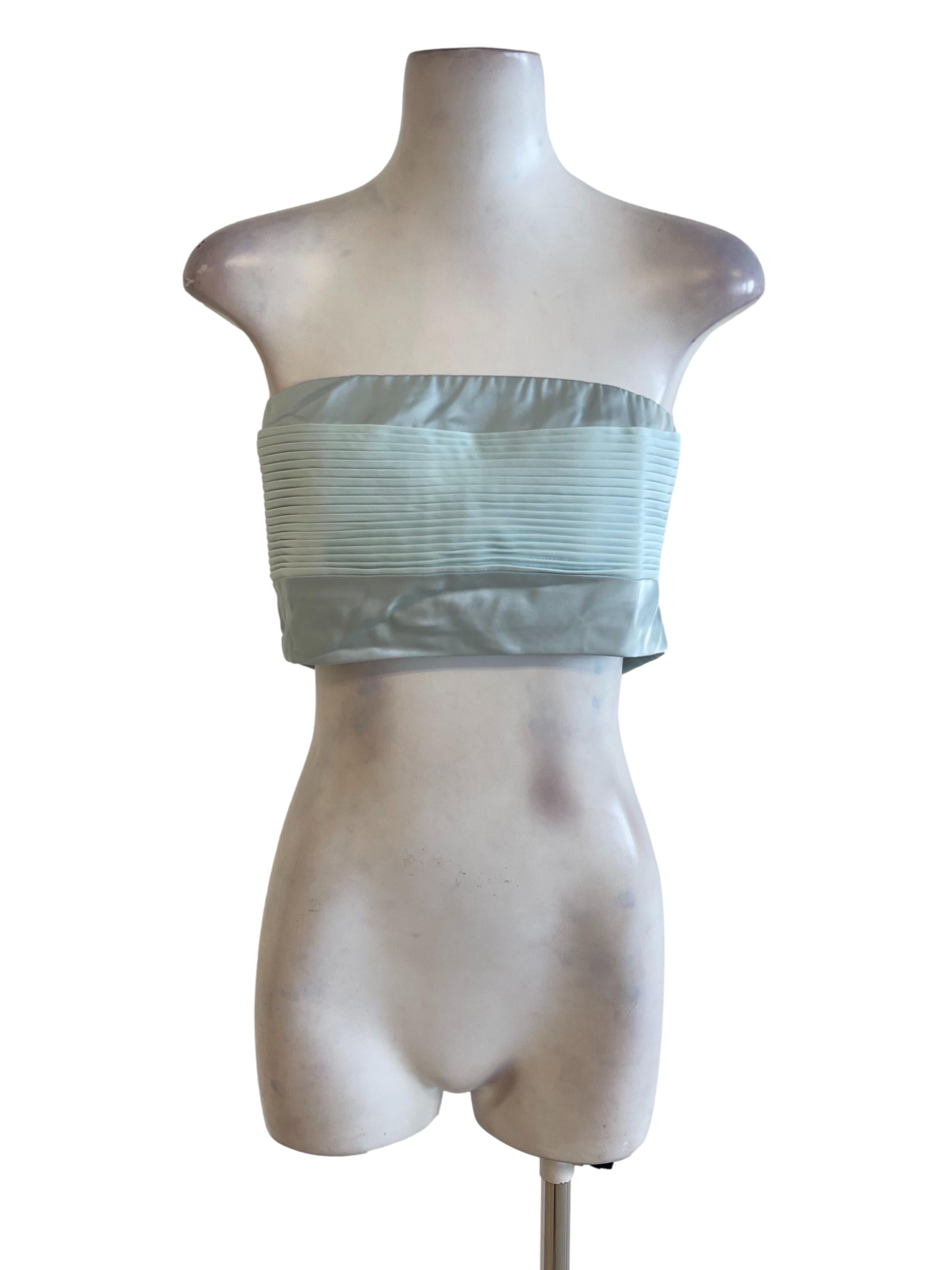 Light Blue Satin Pleated Bust Strapless Top