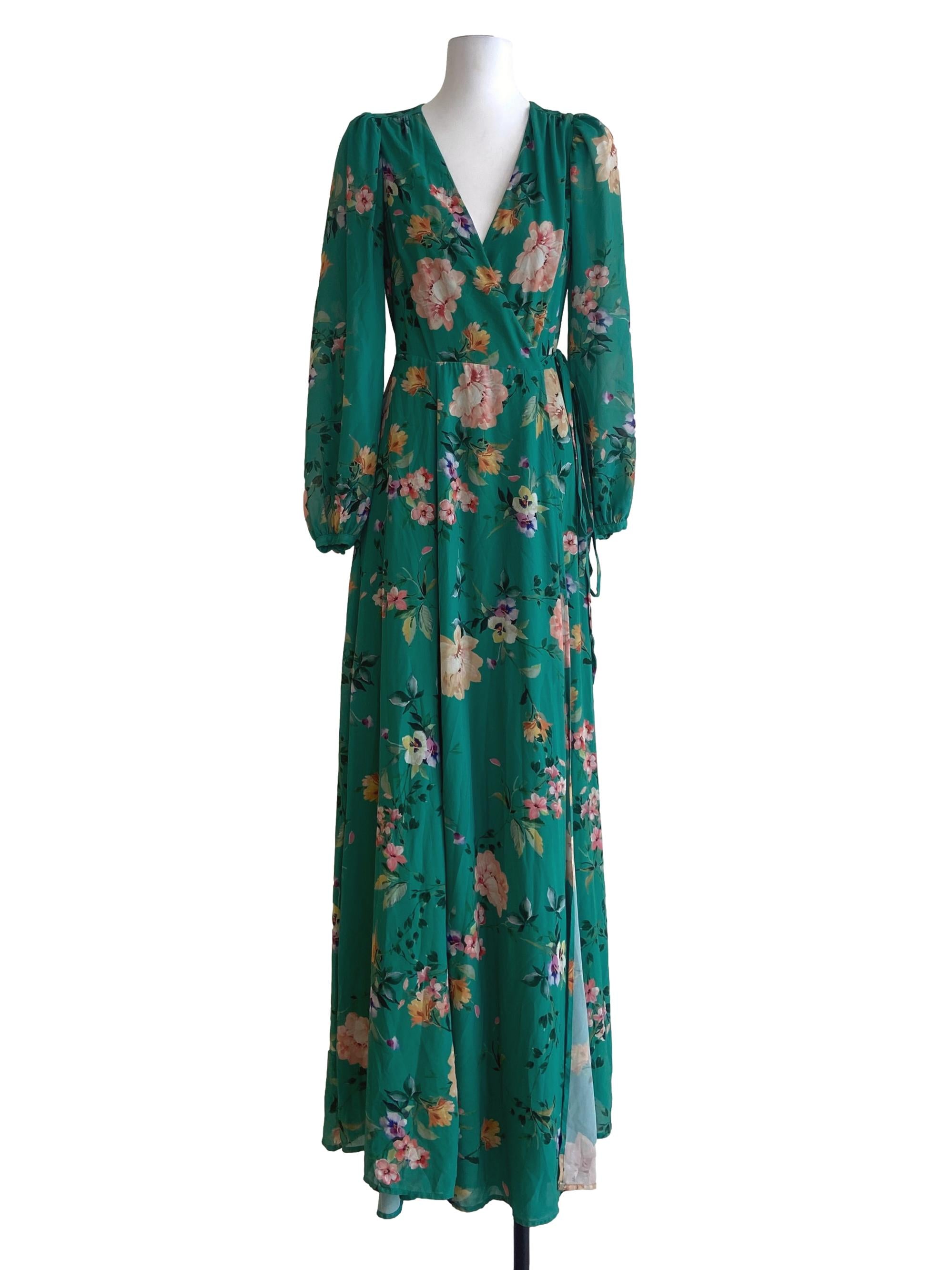 Fern Green Floral V-Neck Wrap  Dress