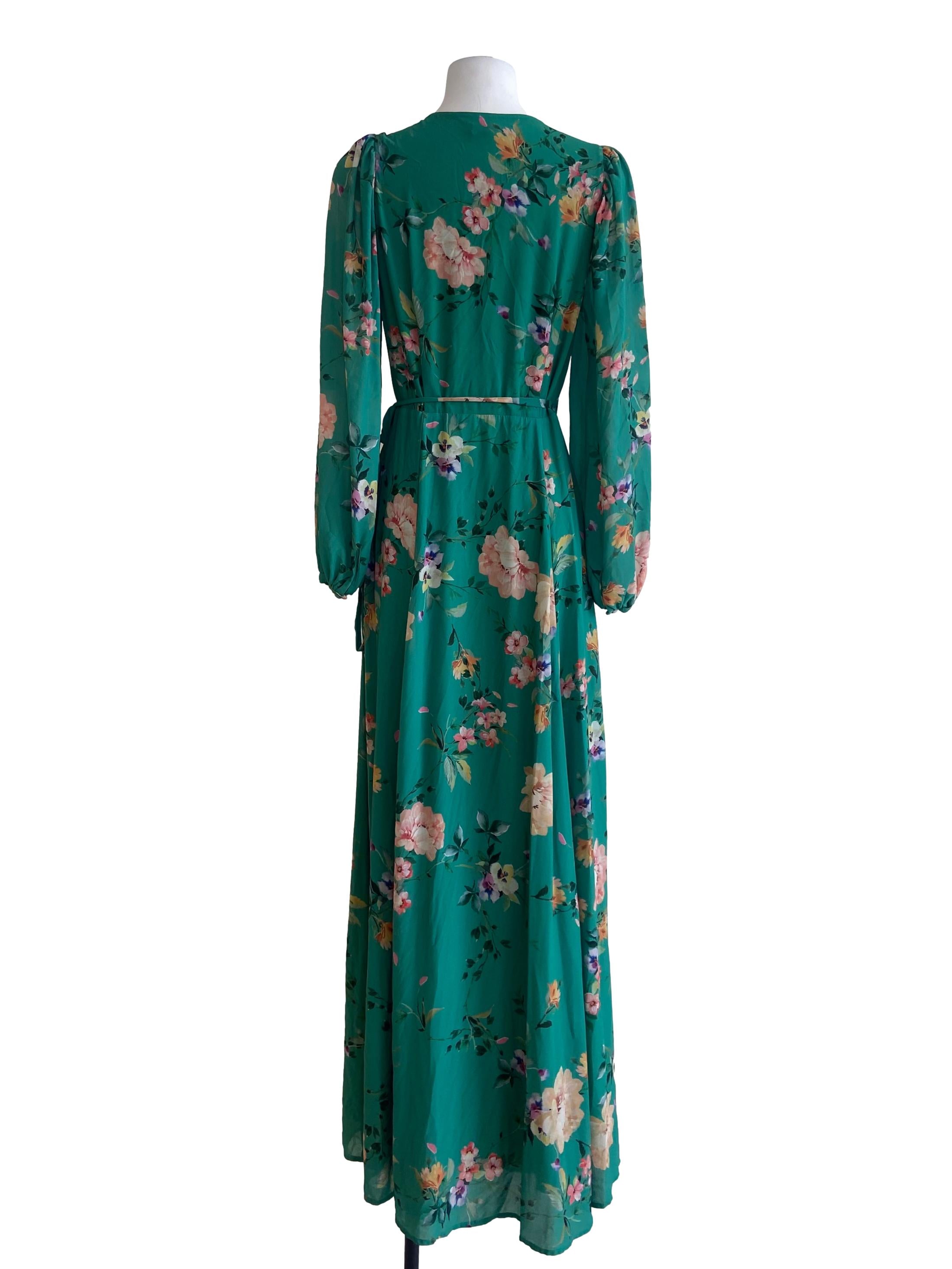 Fern Green Floral V-Neck Wrap  Dress