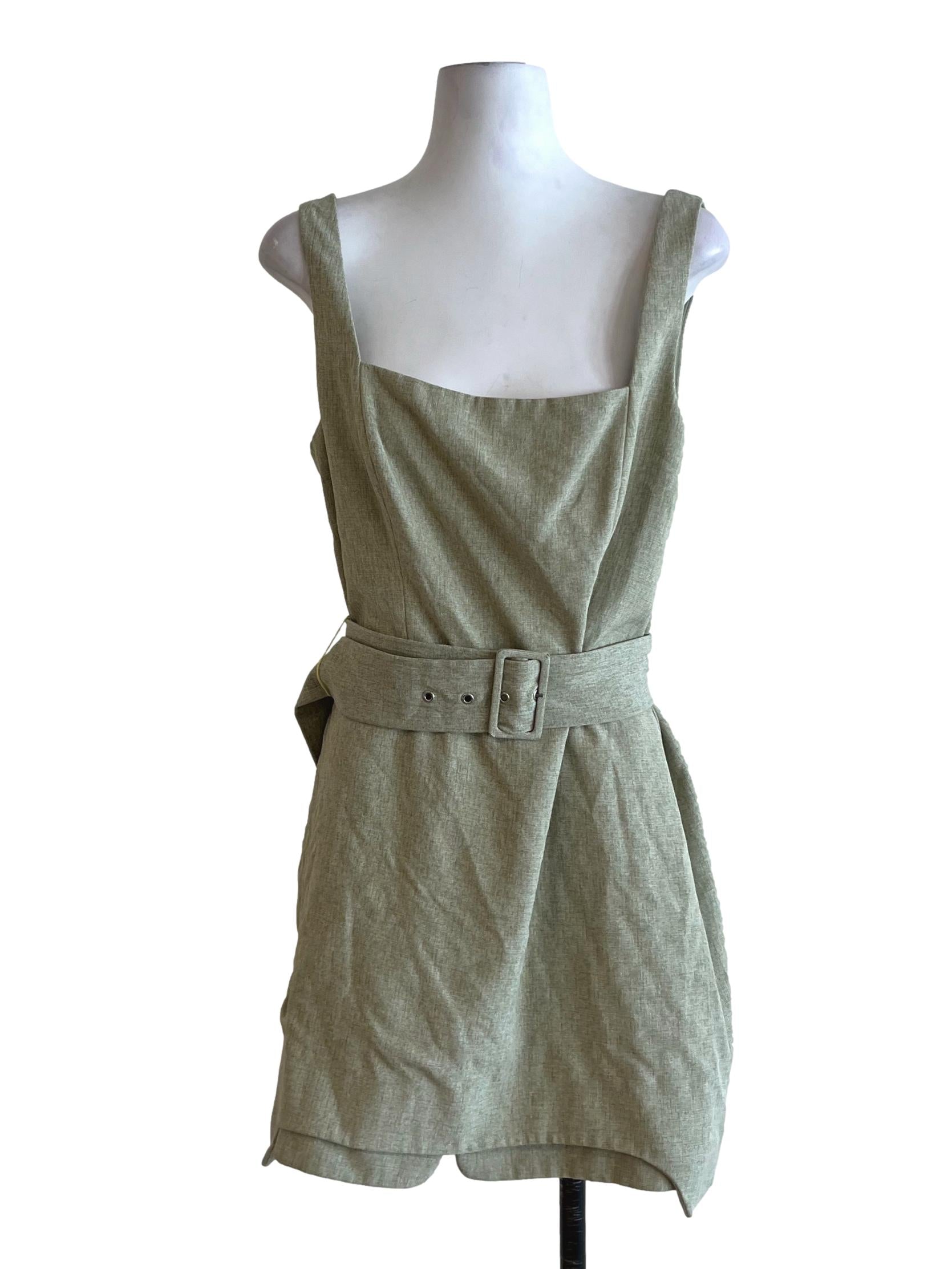 Olive Green Square Neckline A-Line Dress