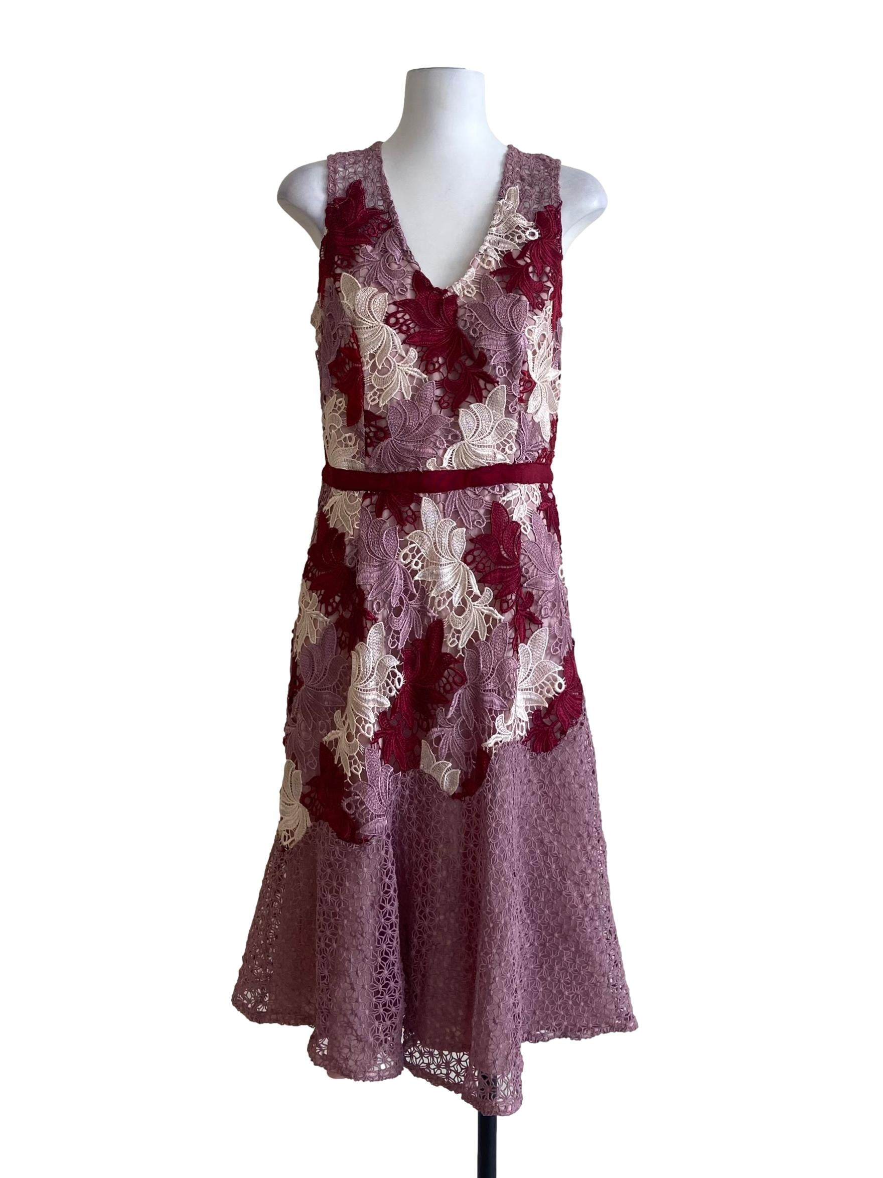 Crepe Pink & Red Floral Lace A-Line Dress