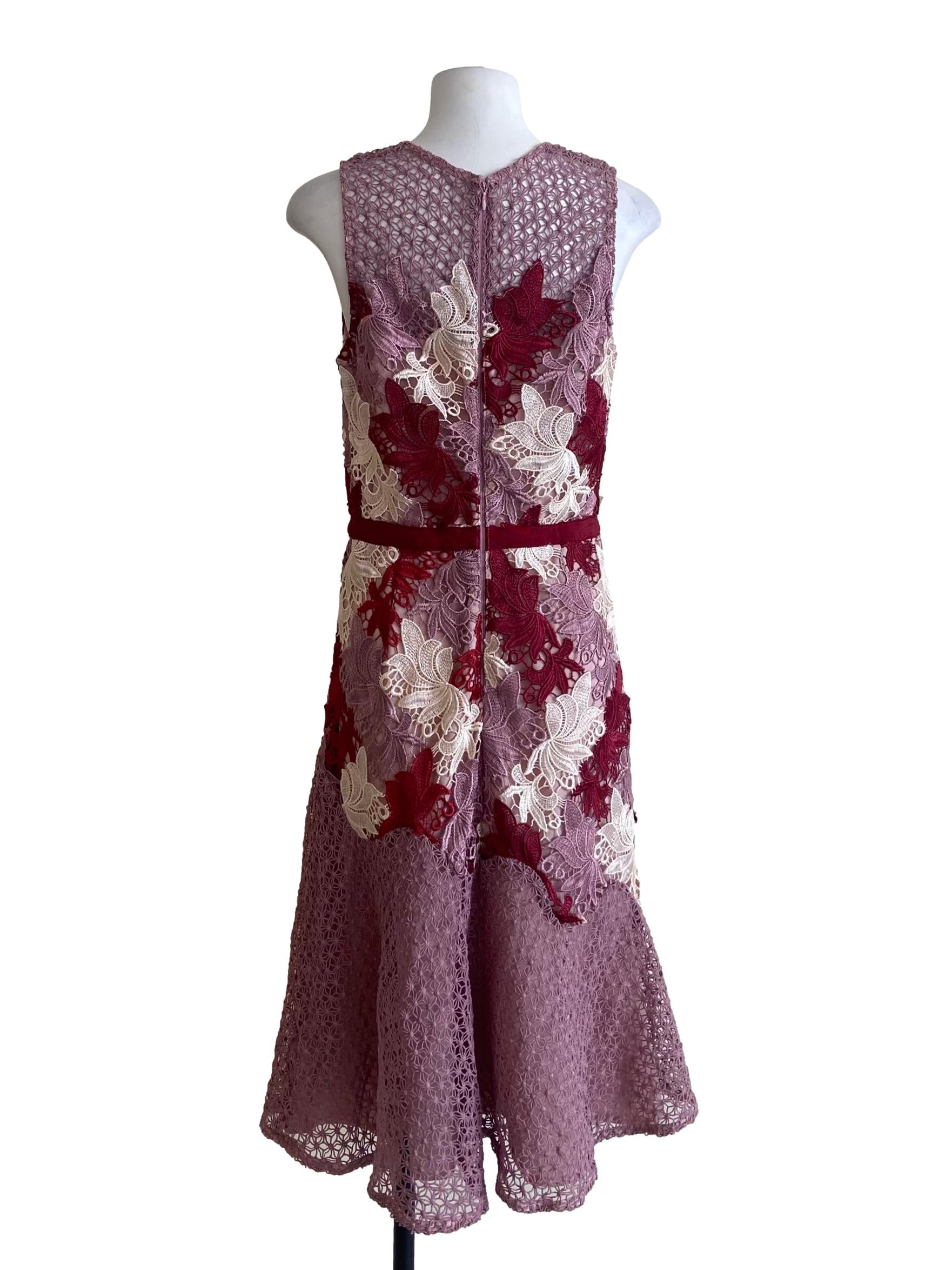 Crepe Pink & Red Floral Lace A-Line Dress