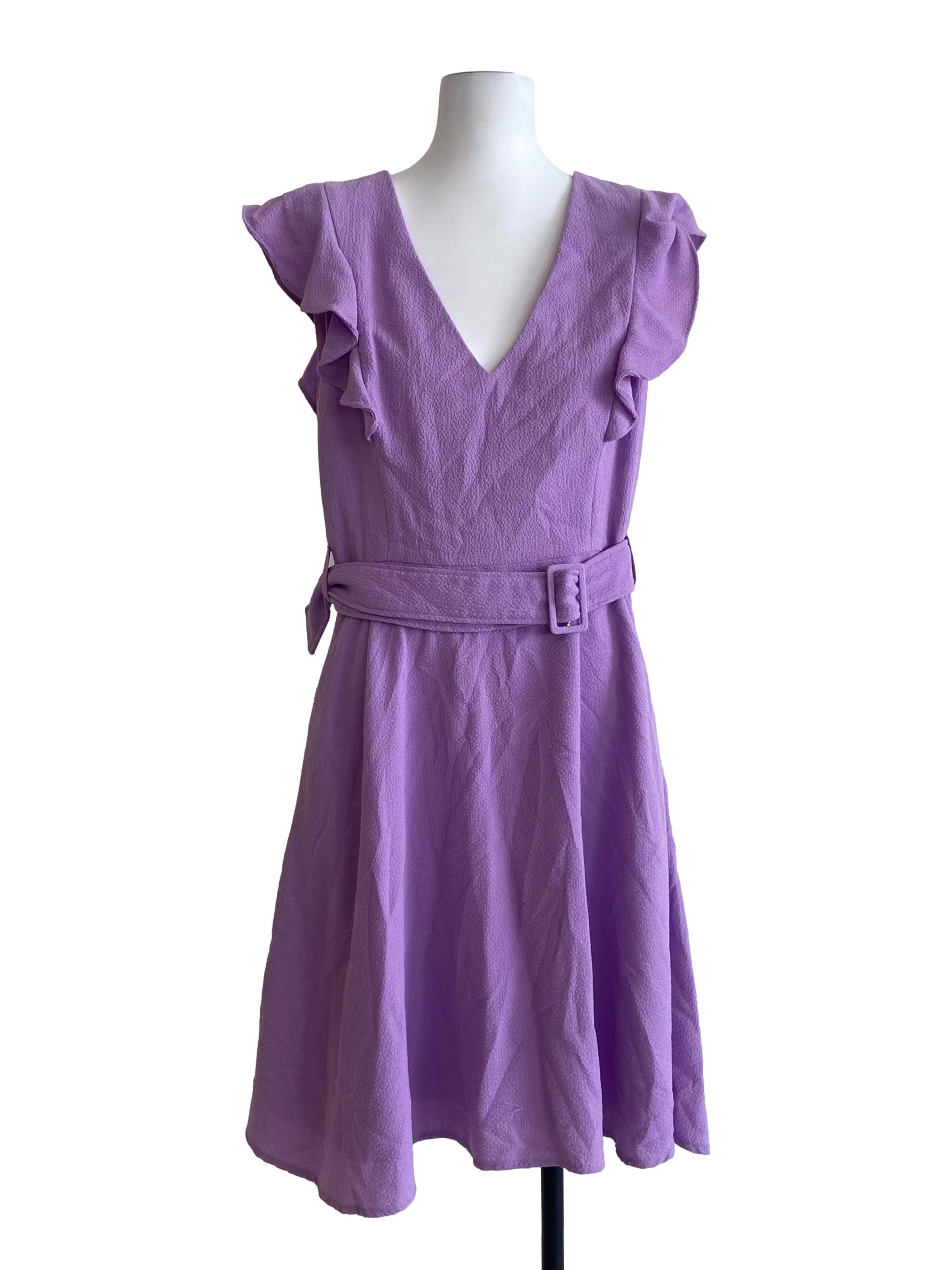 Lilac Purple V-Neck Twill A-Line Dress